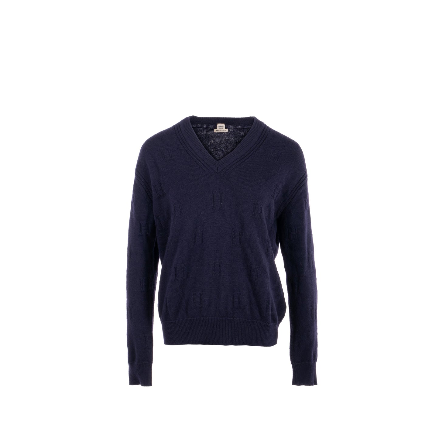 Hermes Size 38 H logo Maile Voyage V-neck Knitwear Virgin Wool Bleu Noir