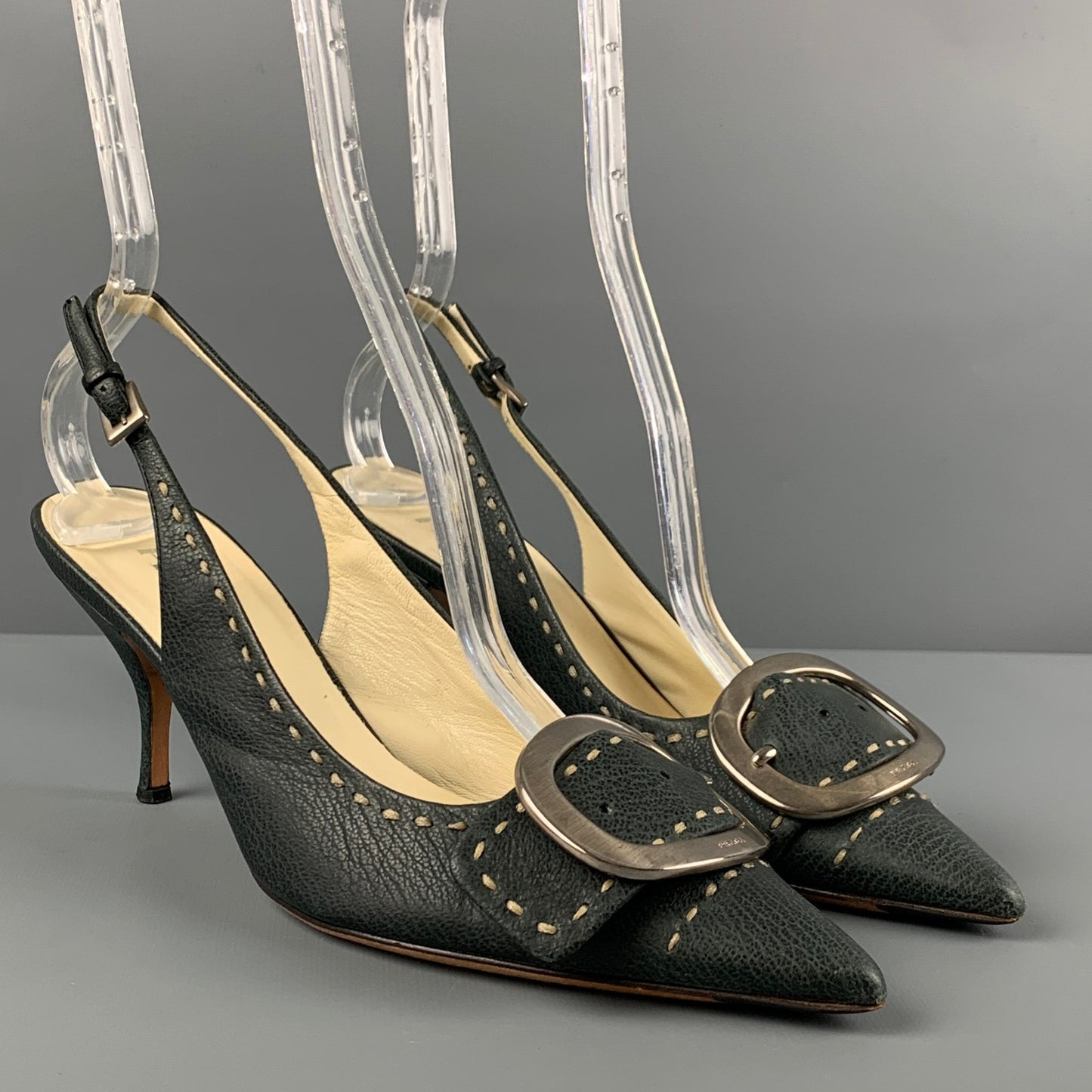 PRADA Size 7 Navy Leather Buckle Slingback Pumps