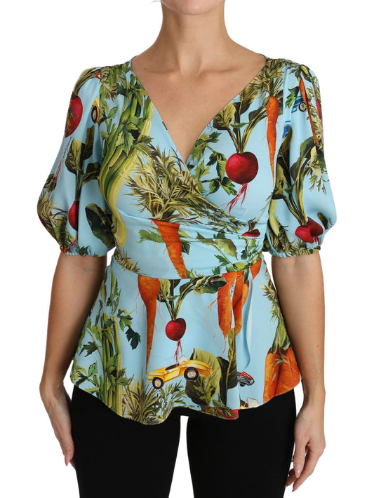 Dolce & Gabbana Multicolor Vegetable Print Silk Top Peplum Wrap Women's Blouse