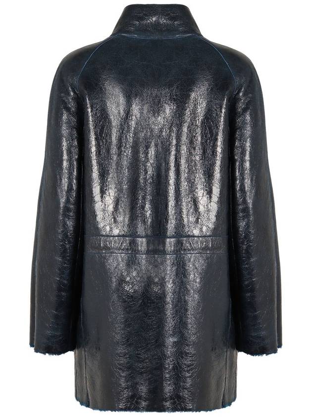 Fendi High Neck Leather Jacket Dark Blue