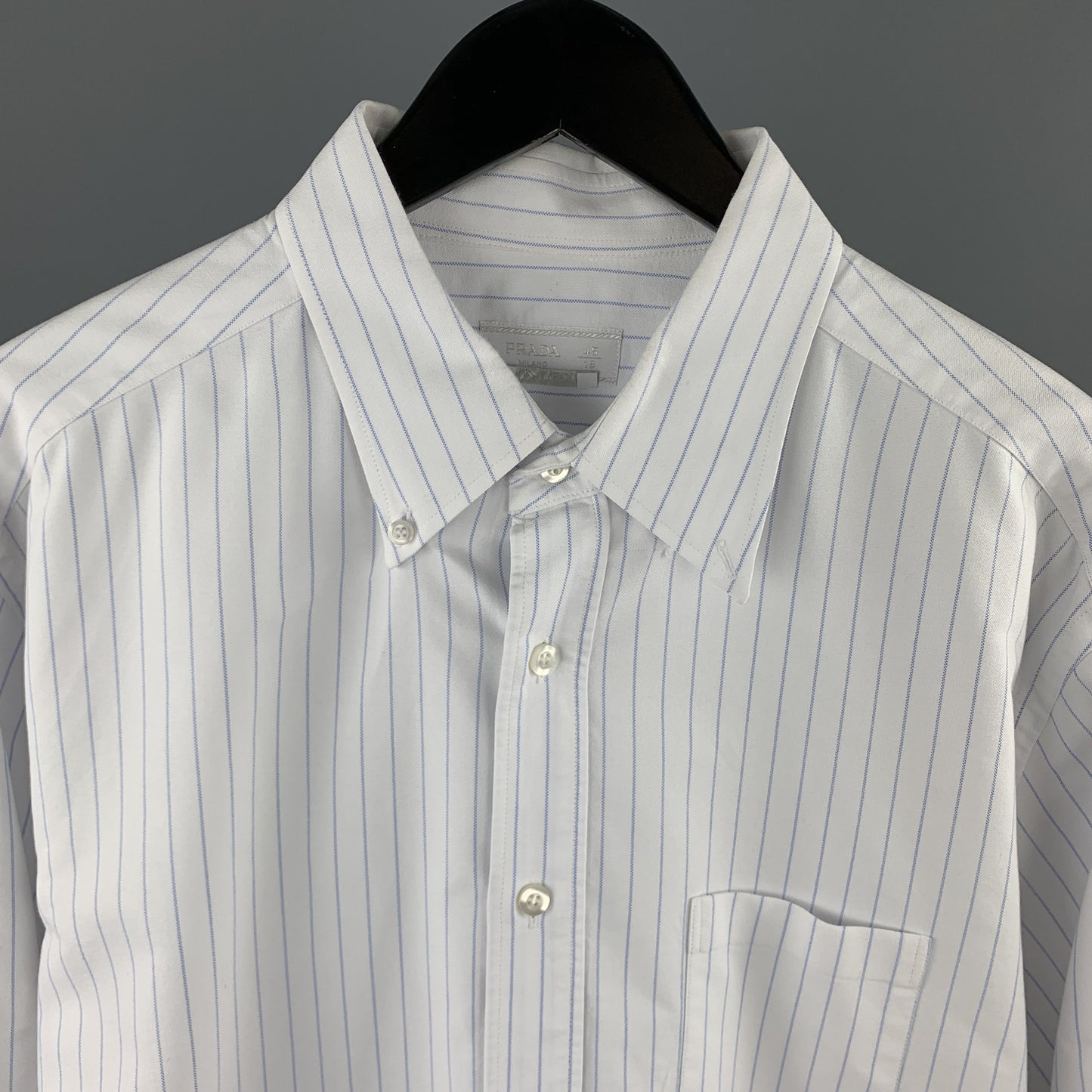 PRADA Size XL White & Blue Pinstripe Cotton Button Down Long Sleeve Shirt