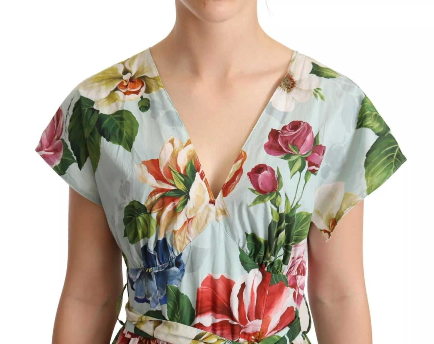 Dolce & Gabbana Green Floral Short Sleeves Cotton V-neck Women's Dress ()