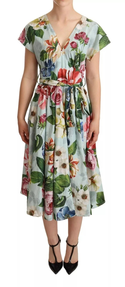 Dolce & Gabbana Green Floral Short Sleeves Cotton V-neck Women's Dress ()
