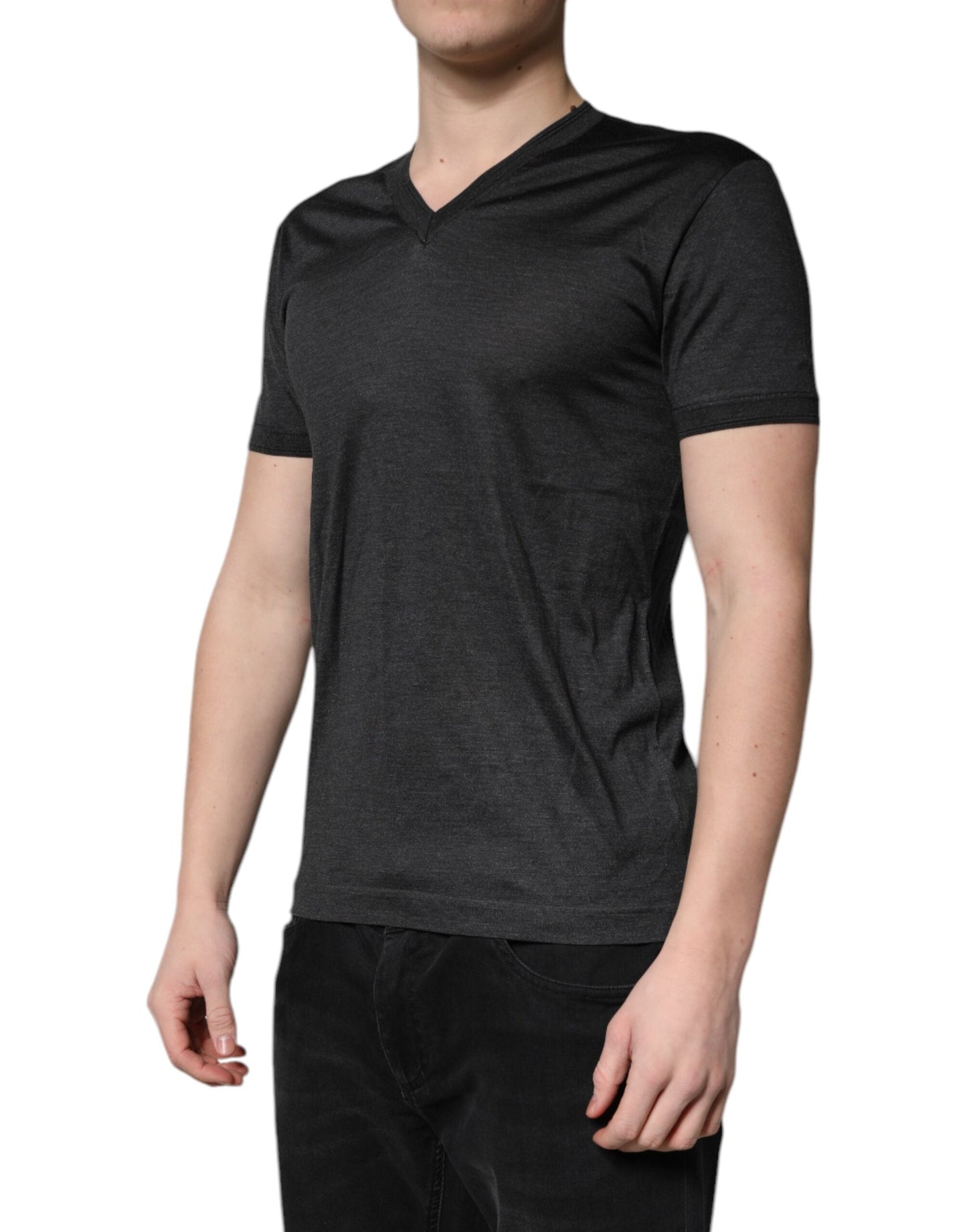 Dolce & Gabbana Dark Gray Silk V-neck Short Sleeves Men's T-shirt