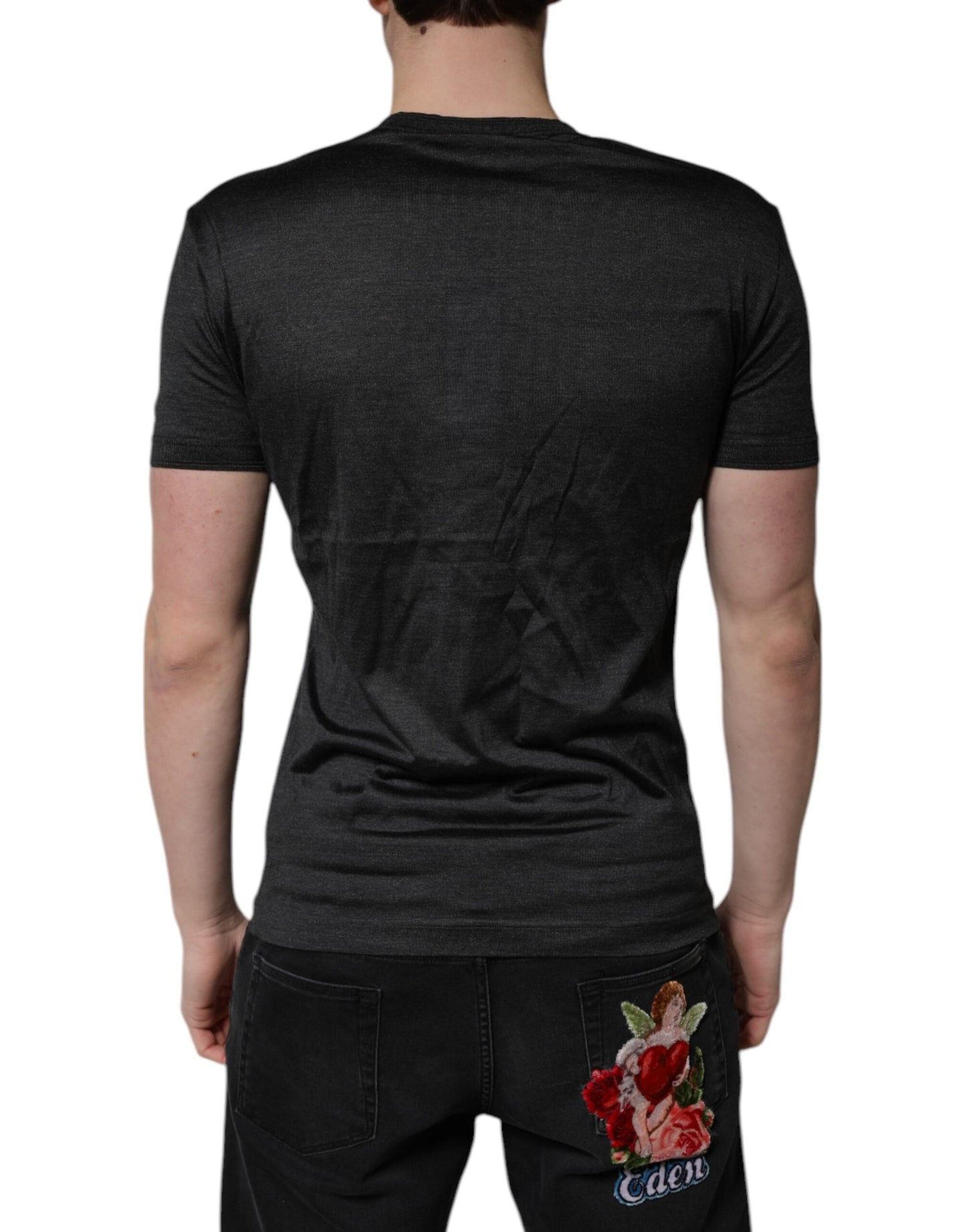 Dolce & Gabbana Dark Gray Silk V-neck Short Sleeves Men's T-shirt