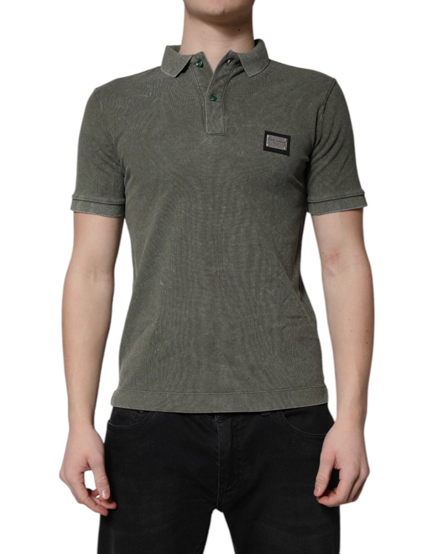 Dolce & Gabbana Army Green Logo Plaque Cotton Polo Shirt Men's T-shirt