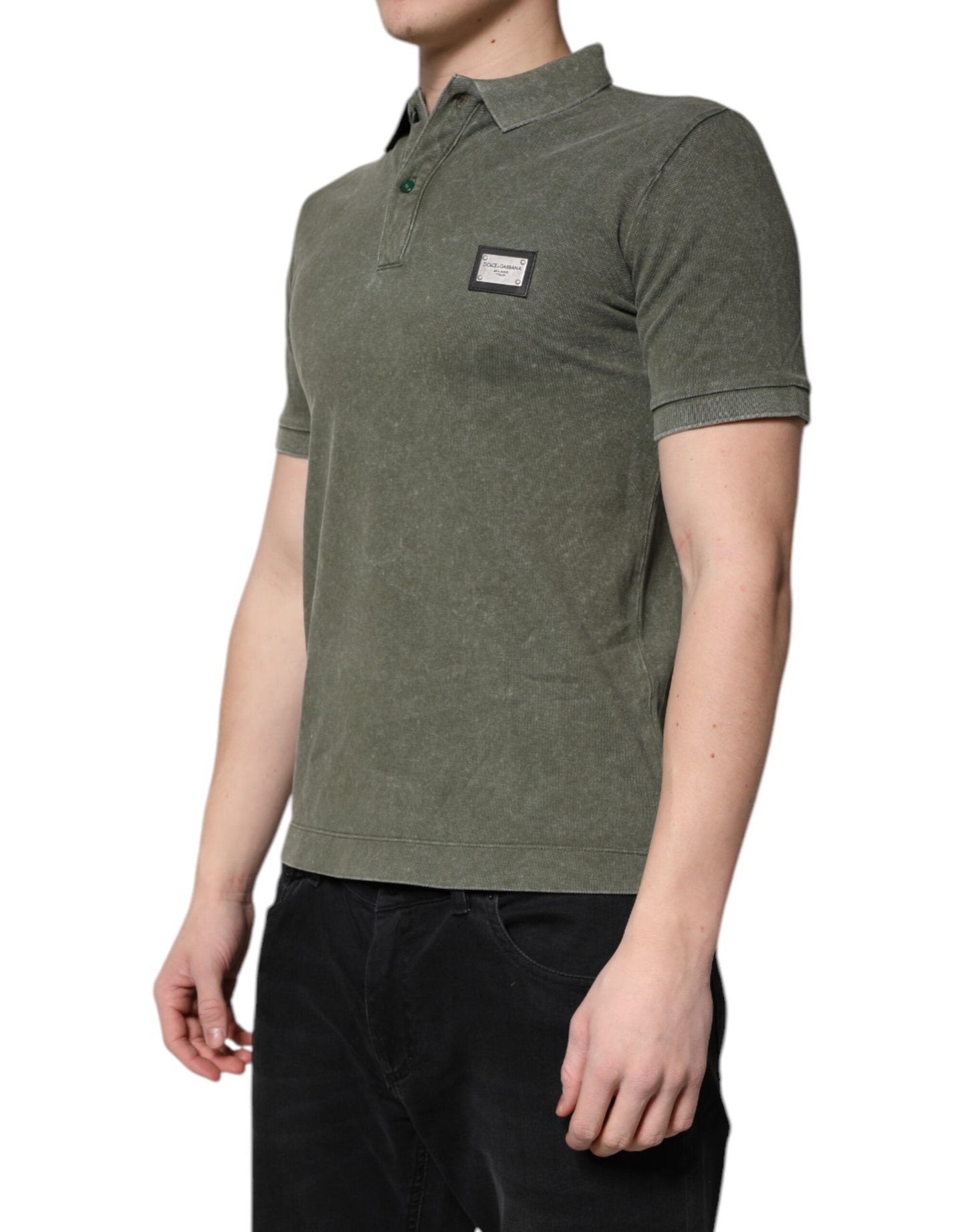 Dolce & Gabbana Army Green Logo Plaque Cotton Polo Shirt Men's T-shirt