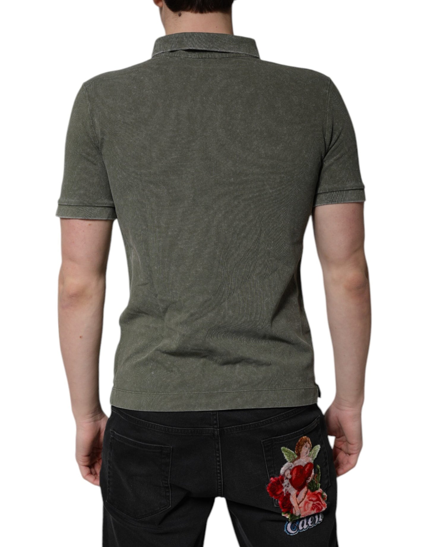 Dolce & Gabbana Army Green Logo Plaque Cotton Polo Shirt Men's T-shirt