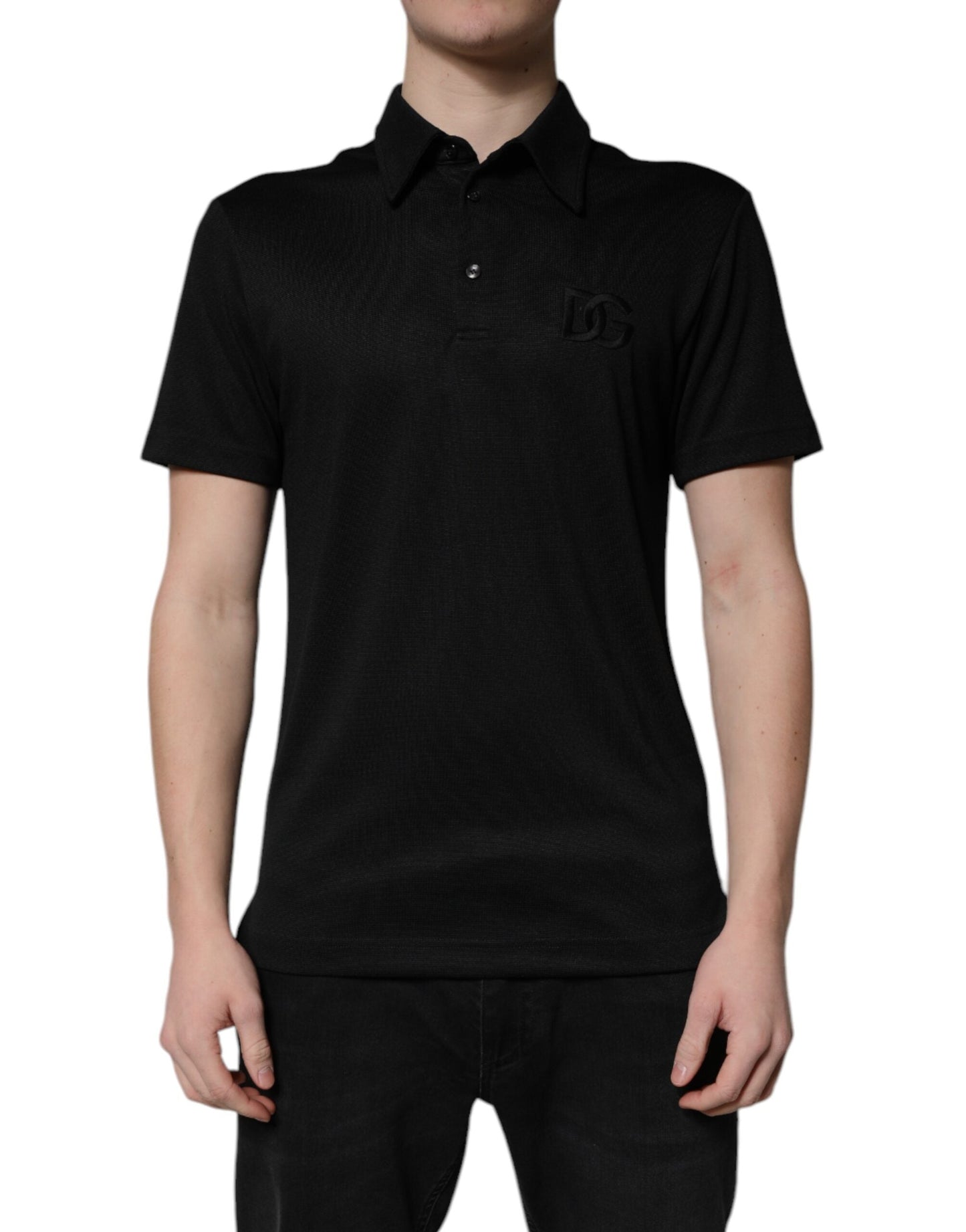 Dolce & Gabbana Black Polyester DG Logo Collared Polo Men's T-shirt