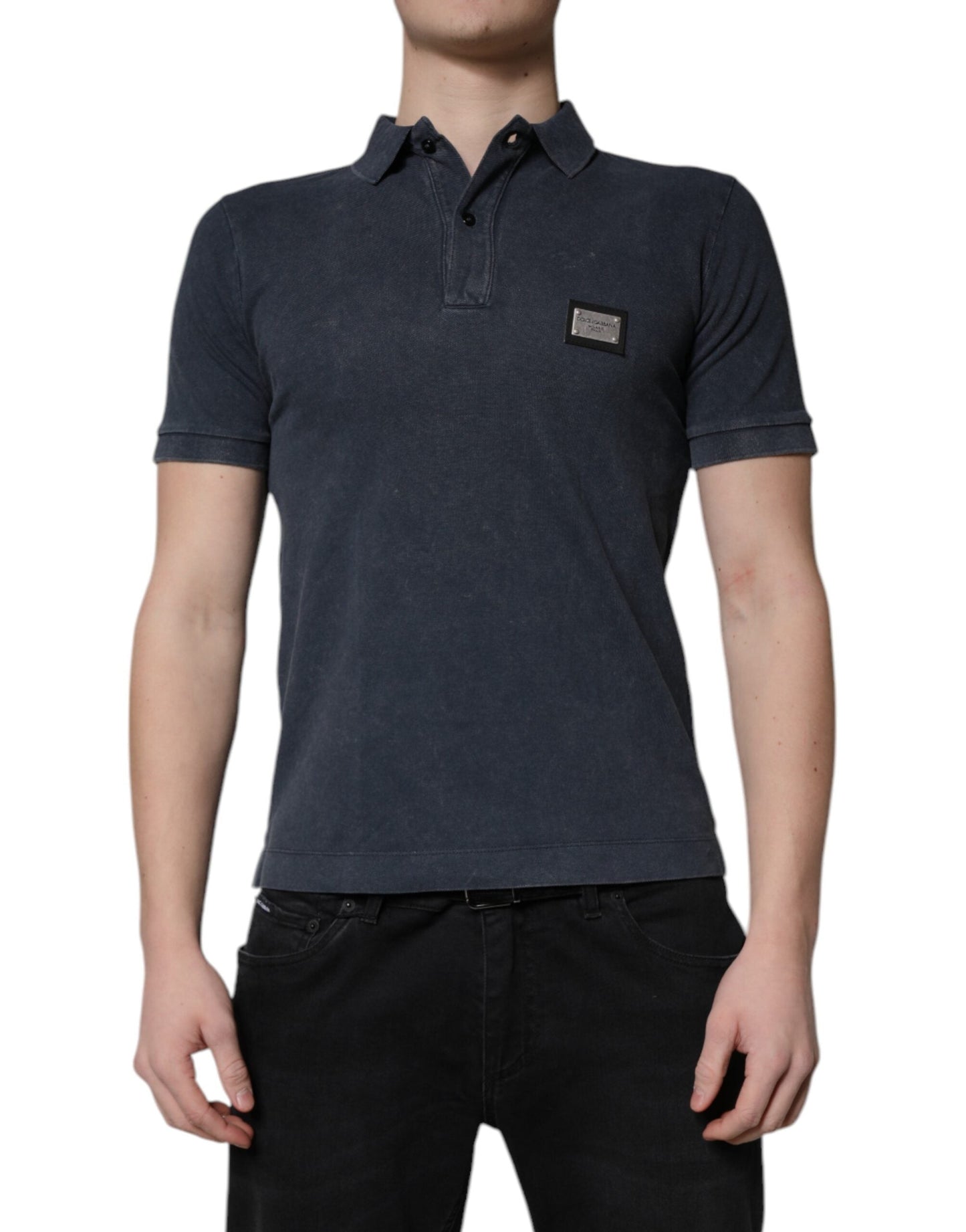 Dolce & Gabbana Dark Blue Logo Plaque Cotton Men Polo Shirt Men's T-shirt