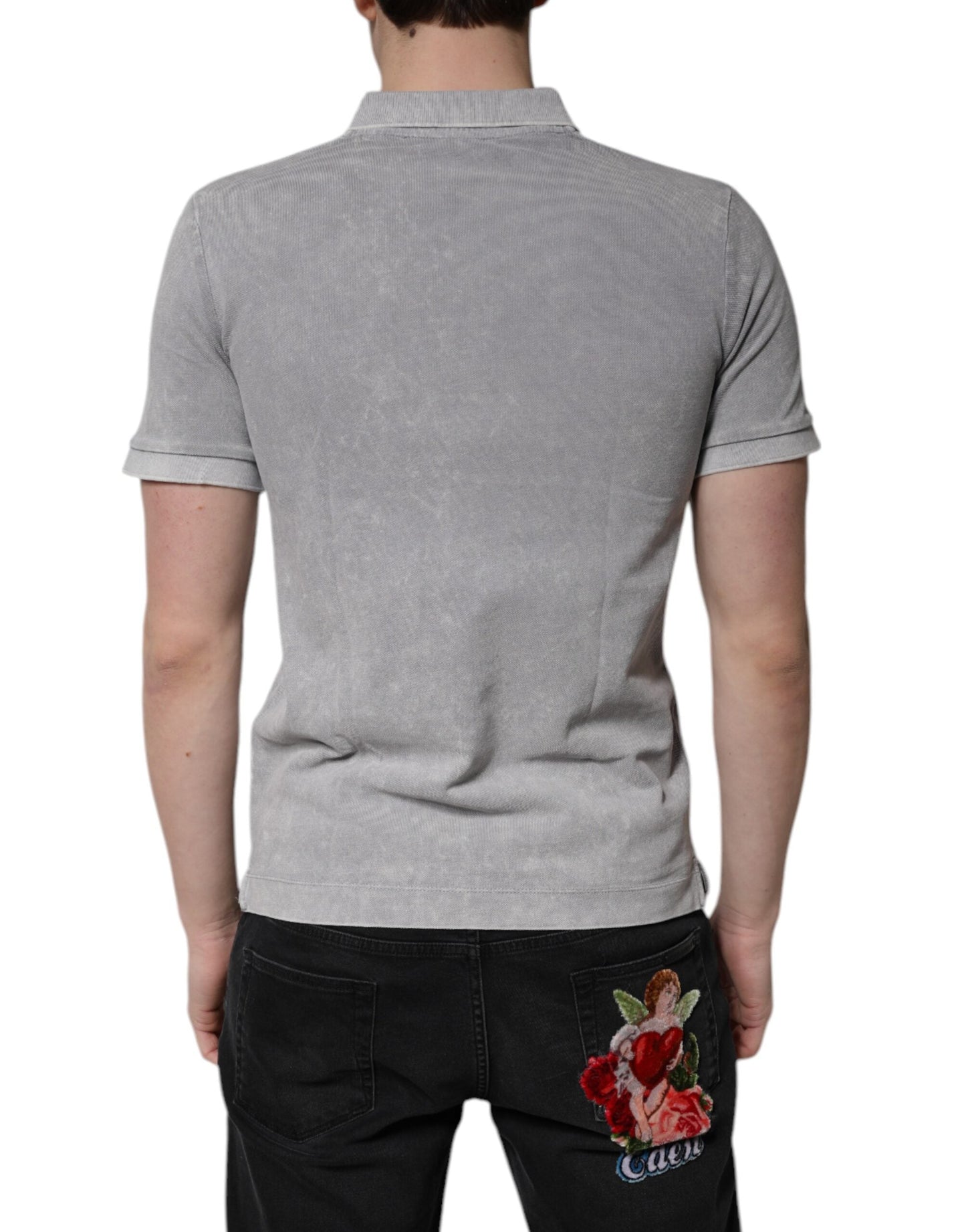 Dolce & Gabbana Gray Logo Plaque Cotton Men Polo Shirt Men's T-shirt