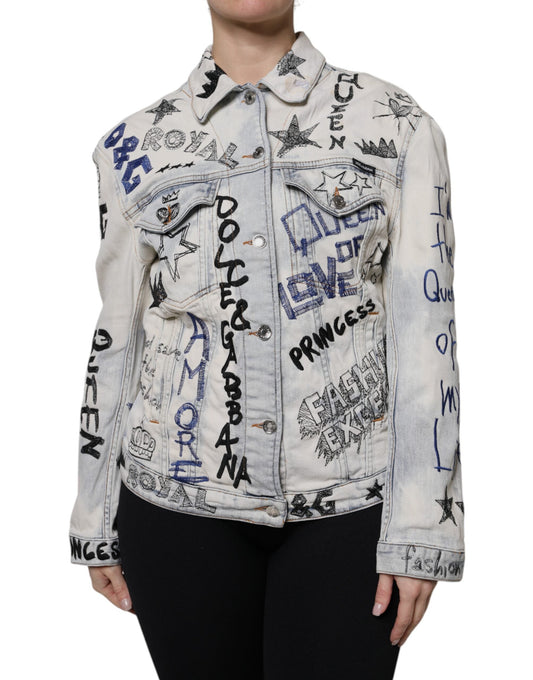 Dolce & Gabbana Light Blue Graffiti Button Down Denim Women's Jacket