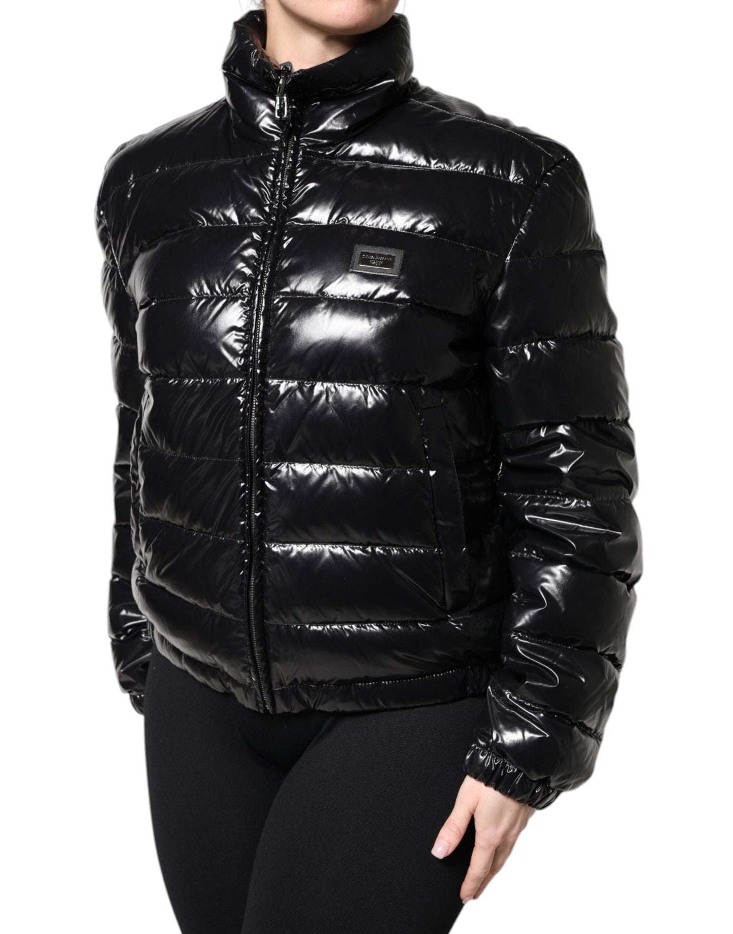 Dolce & Gabbana Black Logo Plaque Full Zip Puffer Women's Jacket