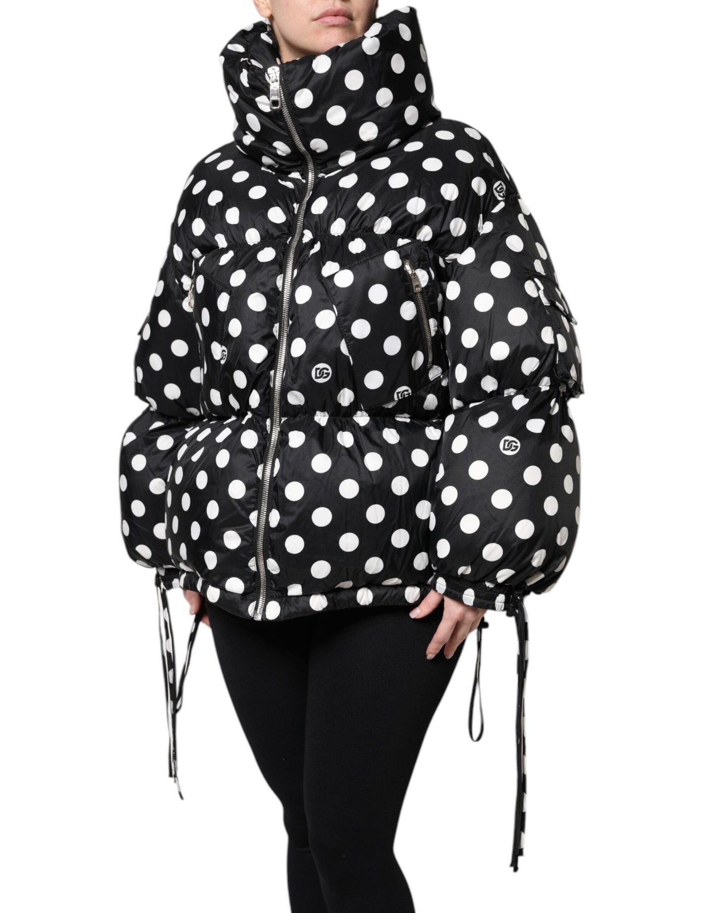 Dolce & Gabbana Black White Polka Dot Full Zip Puffer Women's Jacket