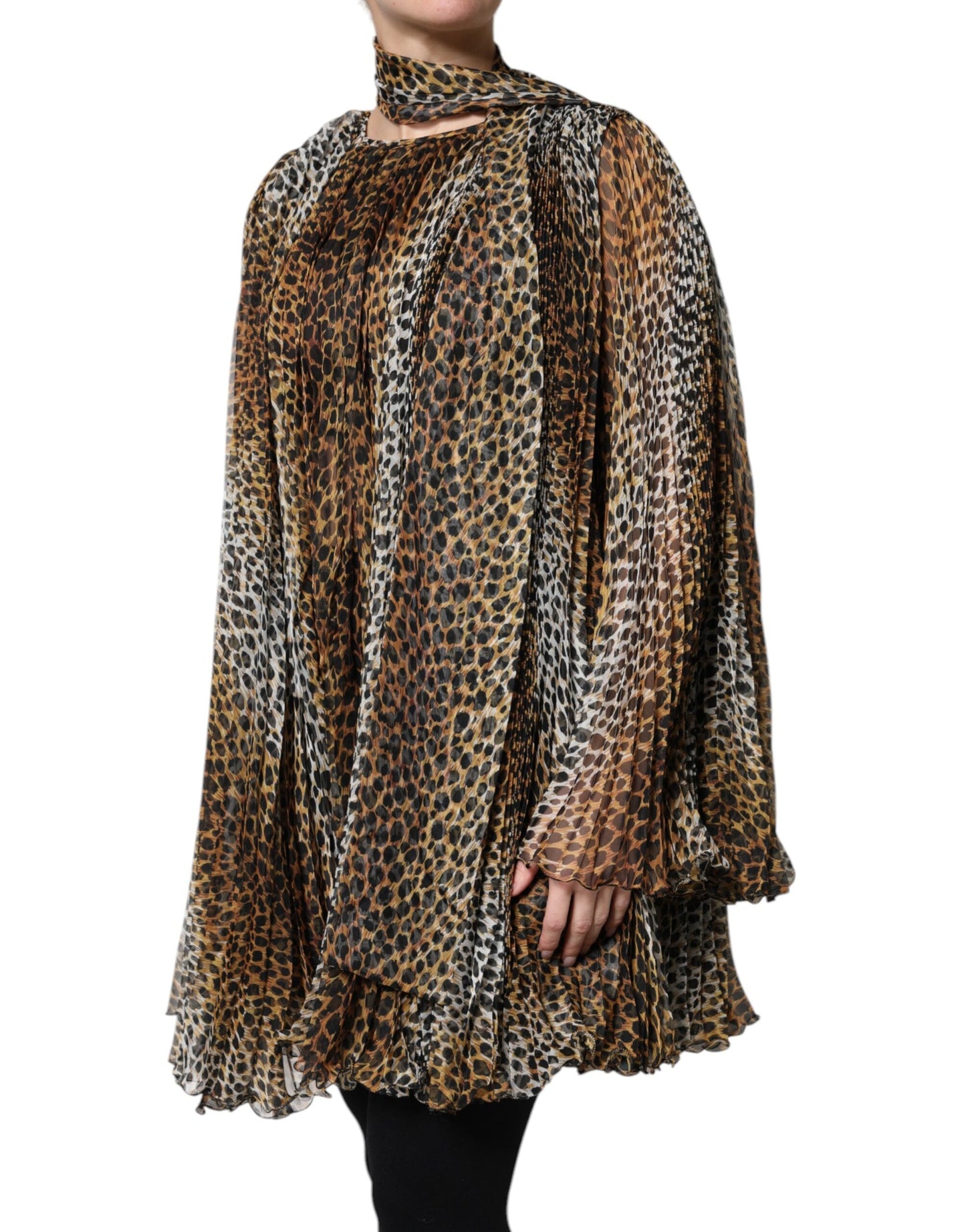 Dolce & Gabbana Brown Leopard Print Scarf Collared Chiffon Women's Dress