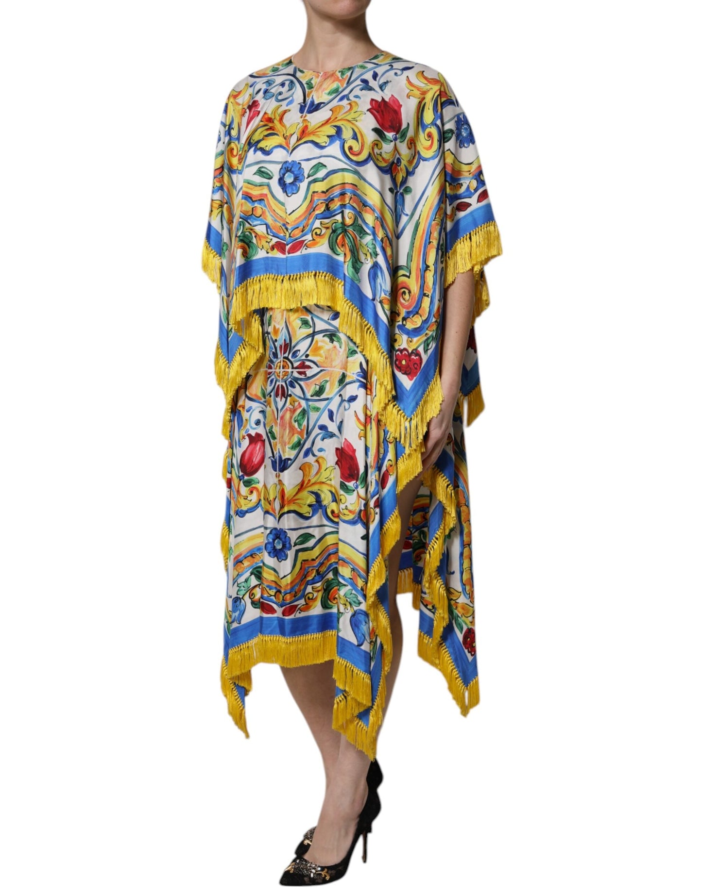 Dolce & Gabbana Multicolor Majolica Kaftan Short Sleeves Maxi Women's Dress