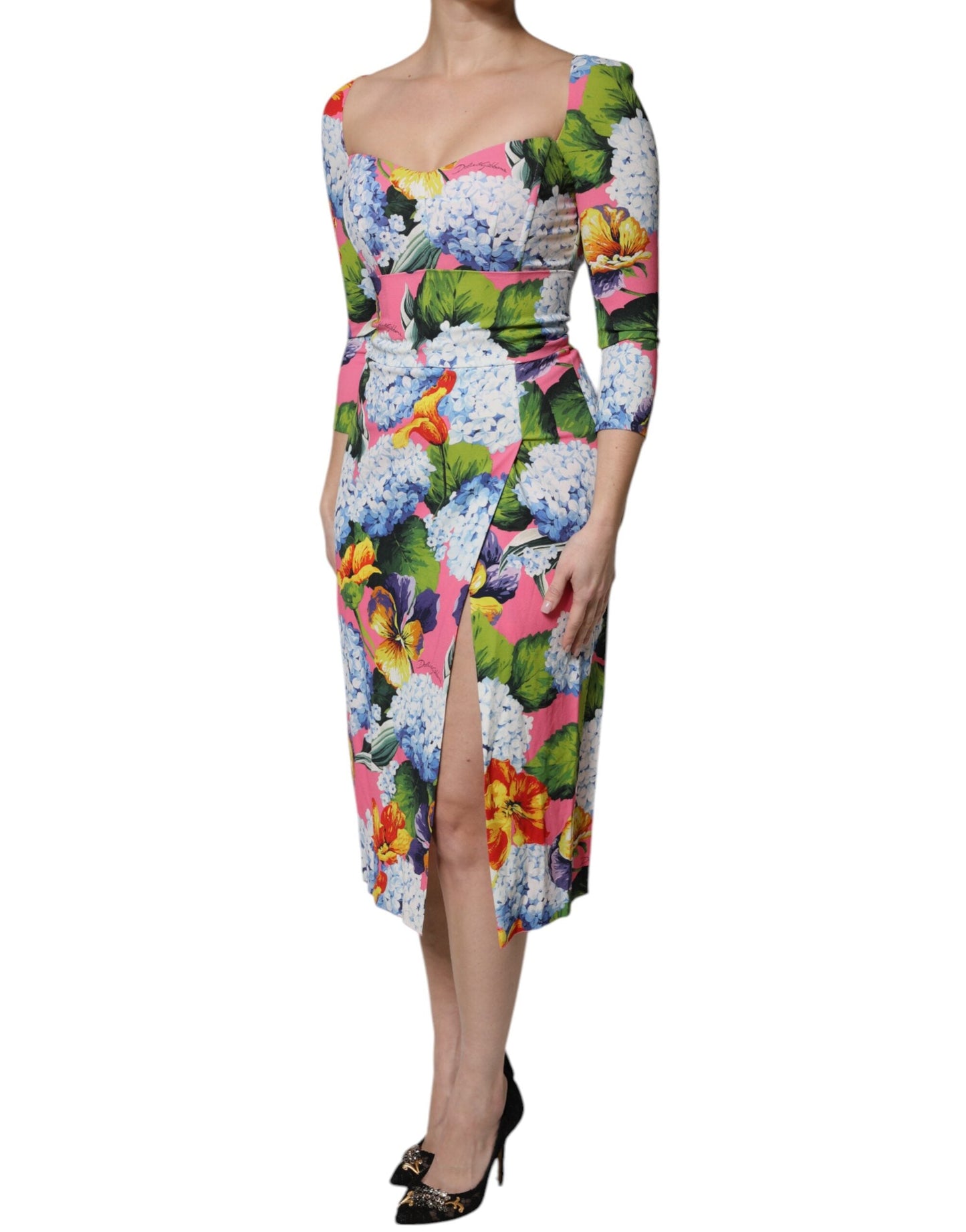 Dolce & Gabbana Multicolor Floral Side Slit Midi Women's Dress