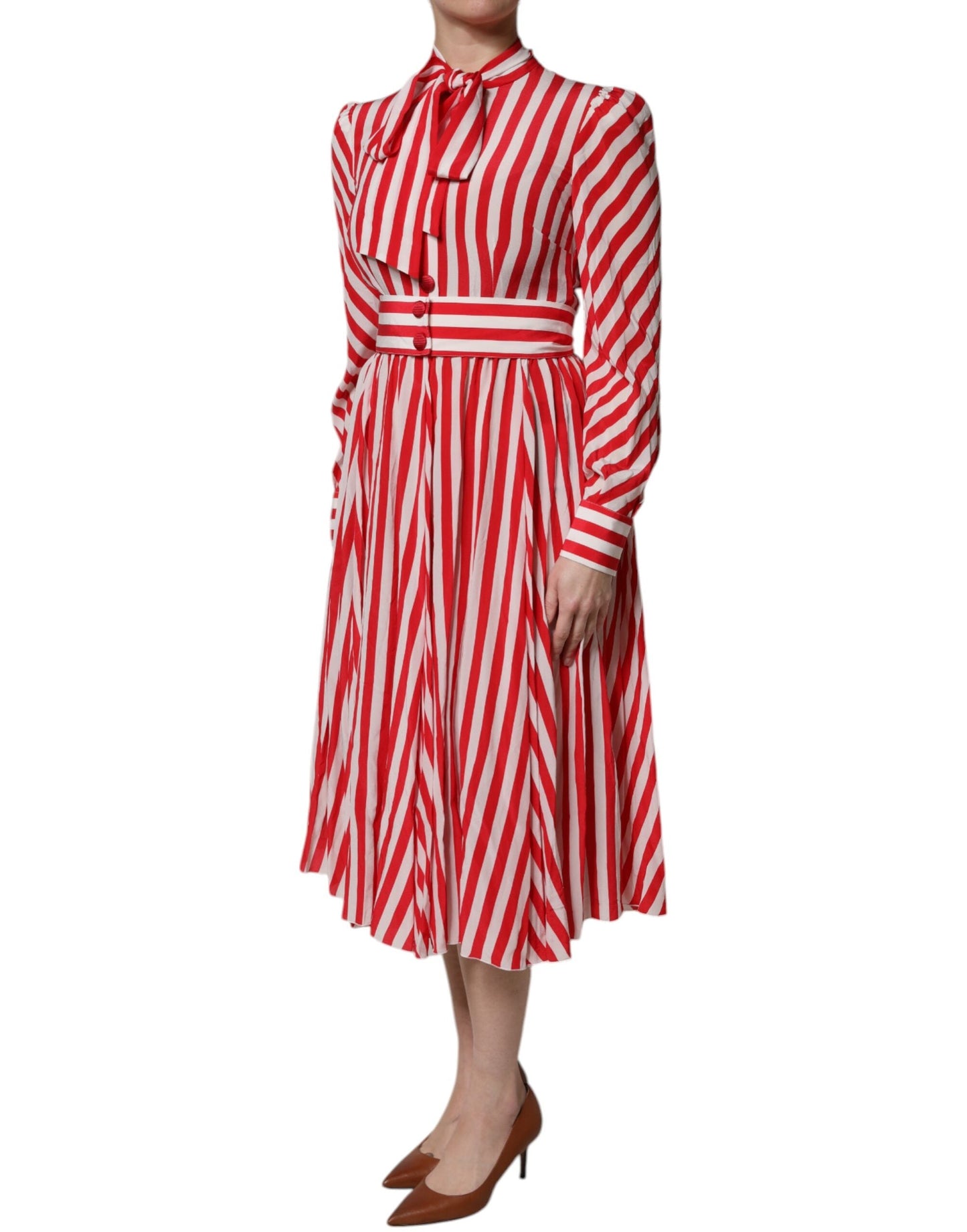 Dolce & Gabbana White Red Stripes Long Sleeves Midi Women's Dress