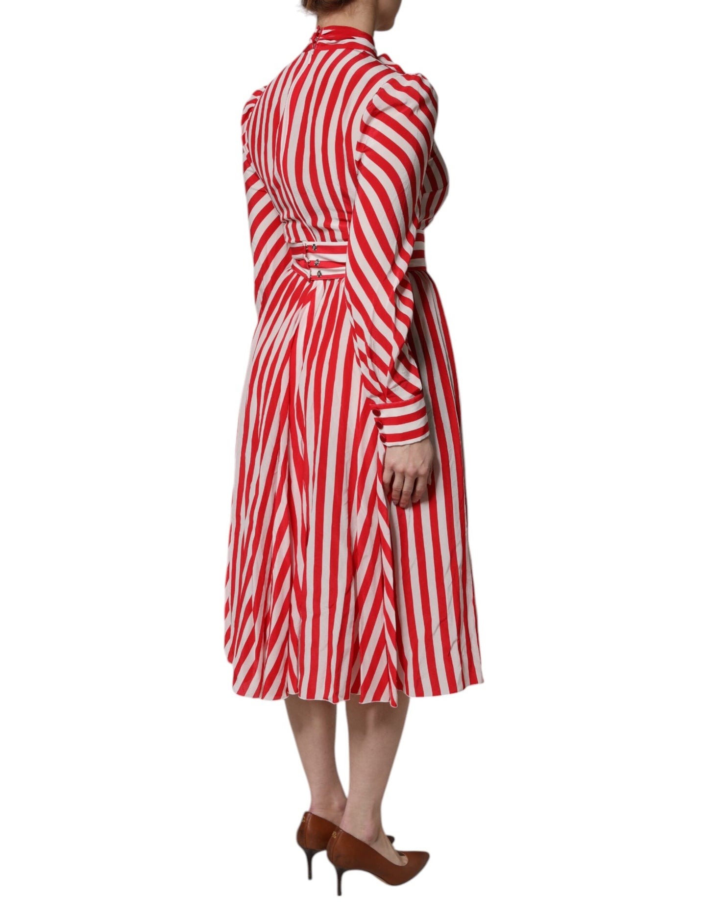 Dolce & Gabbana White Red Stripes Long Sleeves Midi Women's Dress