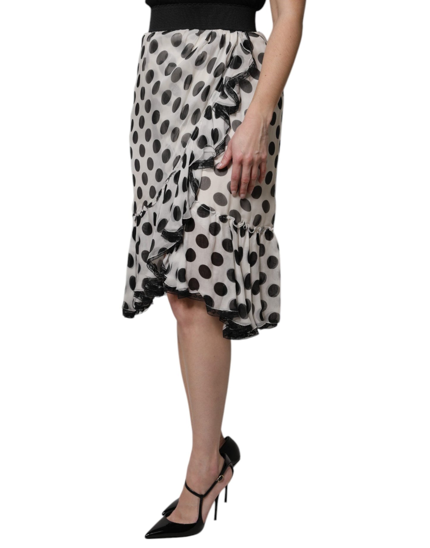 Dolce & Gabbana White Black Polka Dots Knee Length Women's Skirt