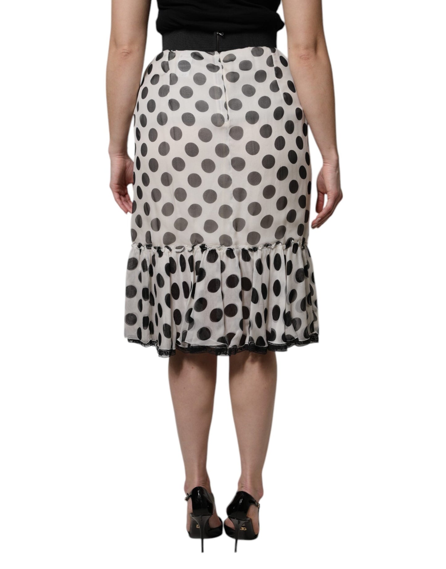 Dolce & Gabbana White Black Polka Dots Knee Length Women's Skirt