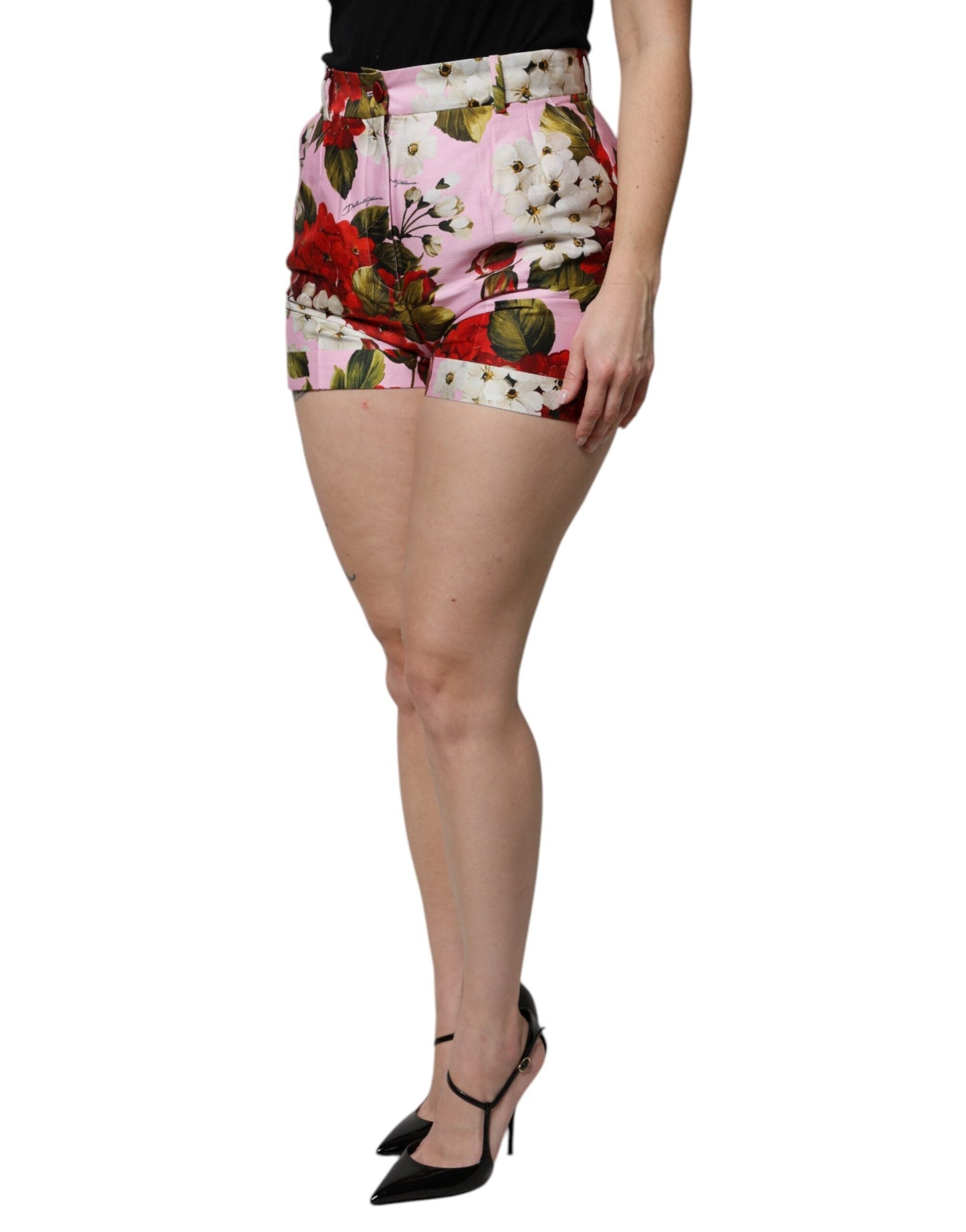 Dolce & Gabbana Pink Floral Print High Waist Hotpants Women's Short