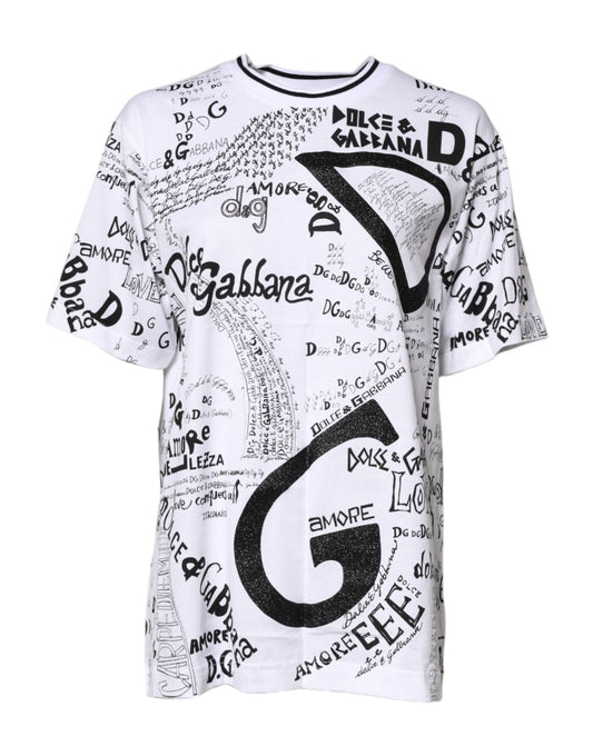Dolce & Gabbana White Graffiti Print Cotton Crew Neck Women's T-shirt ()