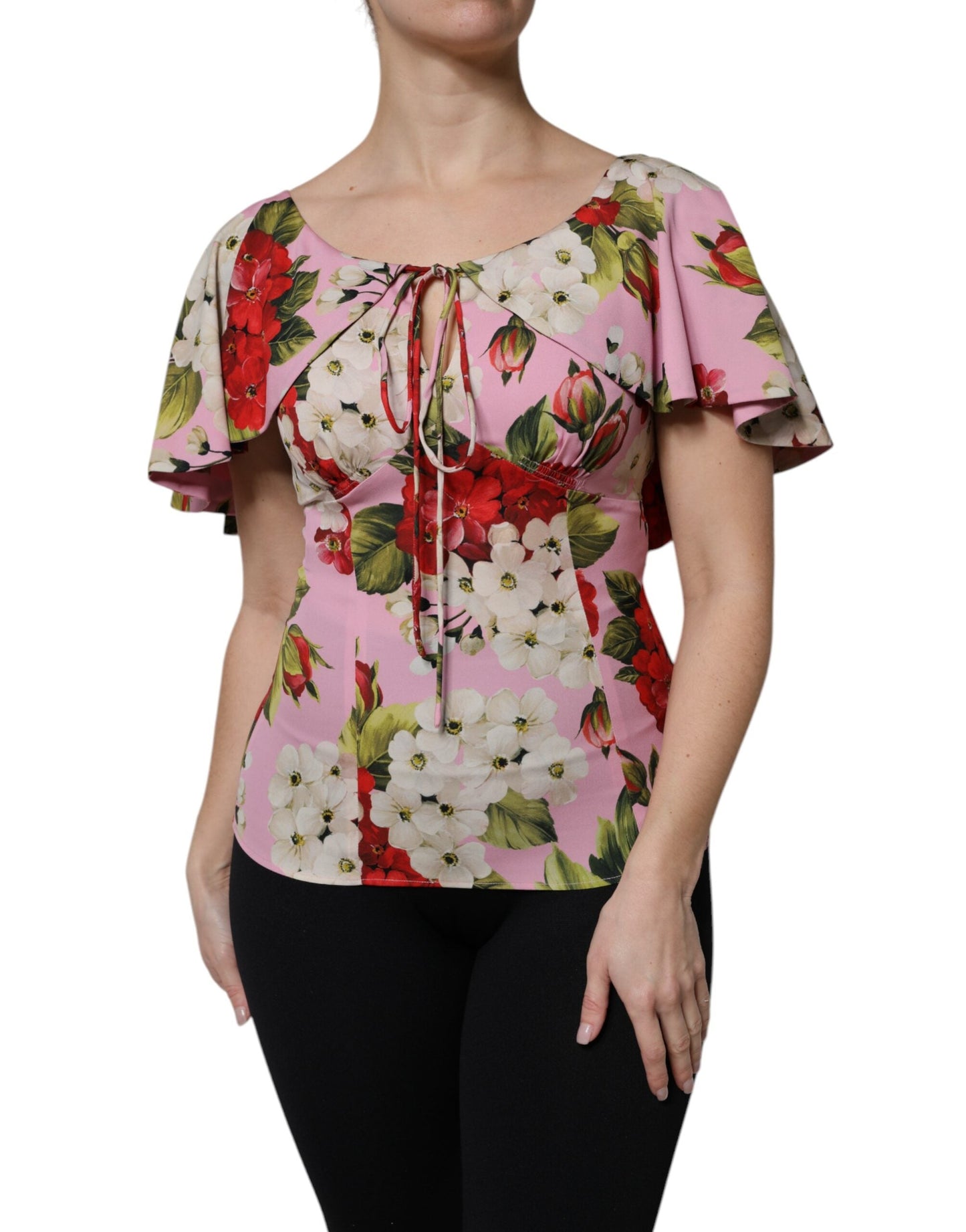 Dolce & Gabbana Pink Floral Silk Short Sleeves Blouse Women's Top