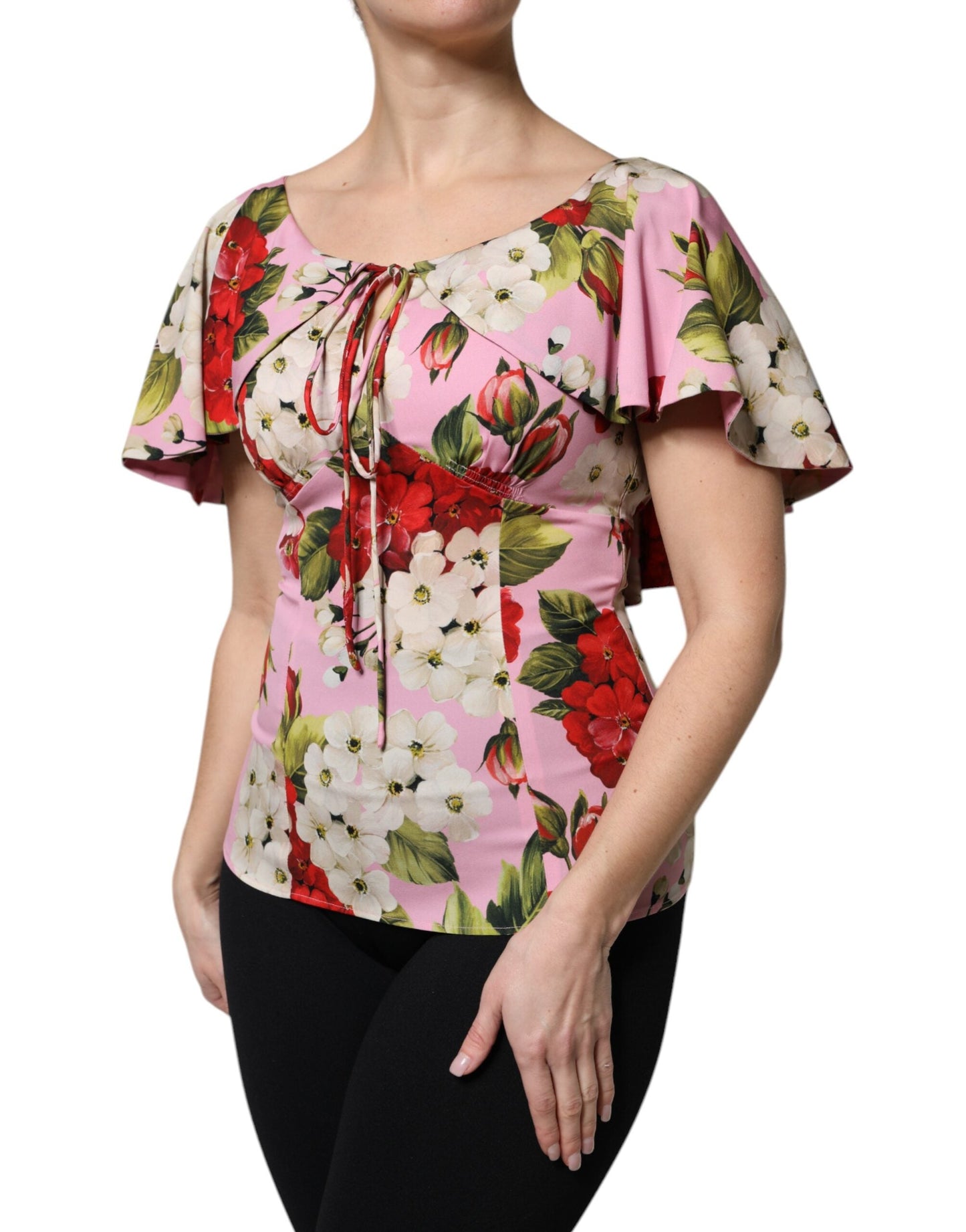 Dolce & Gabbana Pink Floral Silk Short Sleeves Blouse Women's Top