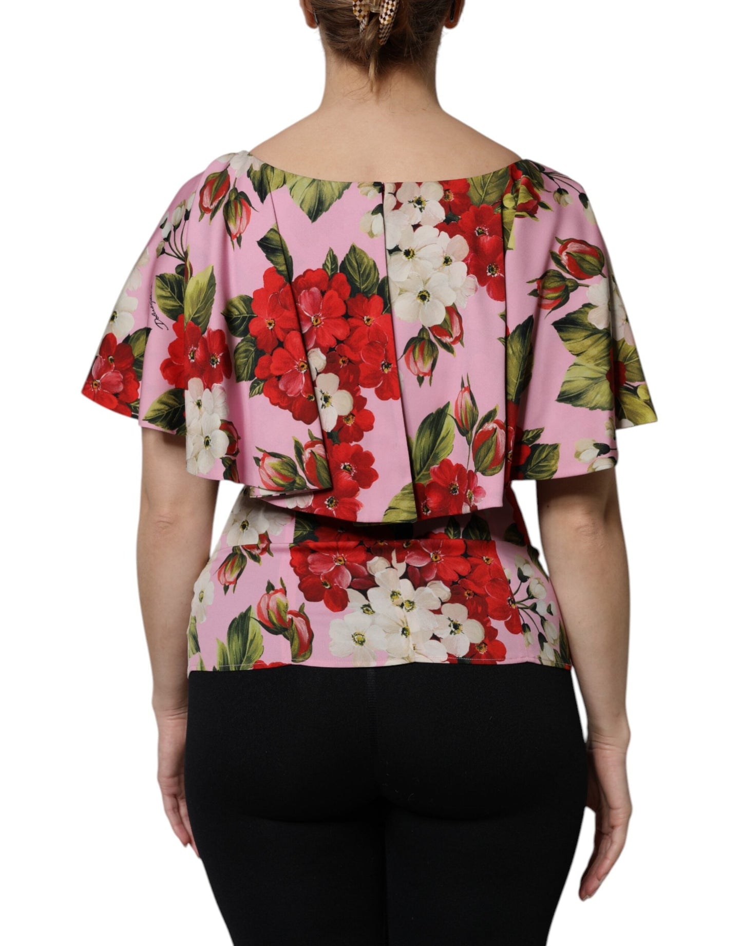 Dolce & Gabbana Pink Floral Silk Short Sleeves Blouse Women's Top