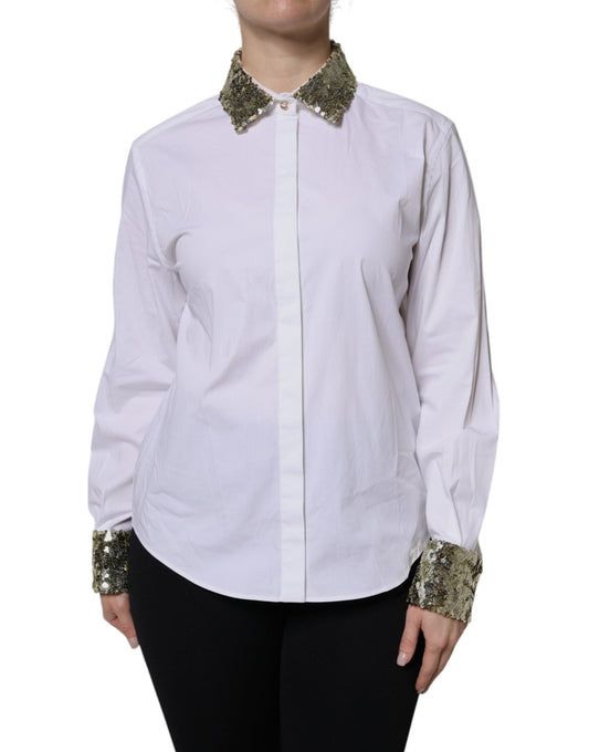 Dolce & Gabbana White Cotton Long Sleeves Sequin Shirt Women's Top