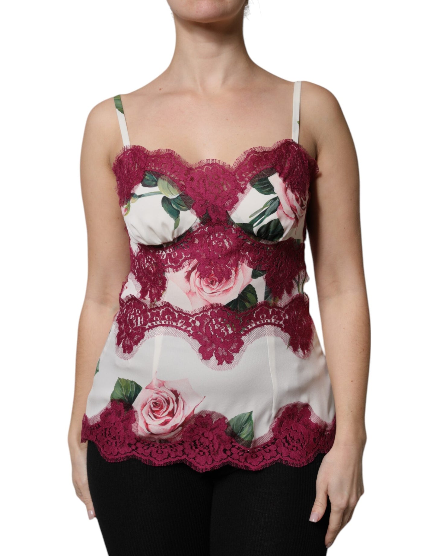 Dolce & Gabbana White Rose Print Satin Lace Tank Top Women's Lingerie