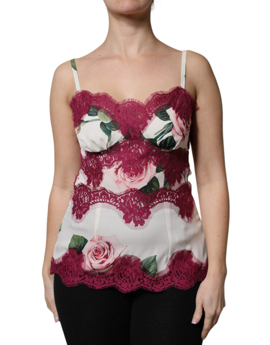 Dolce & Gabbana White Rose Print Satin Lace Tank Top Women's Lingerie