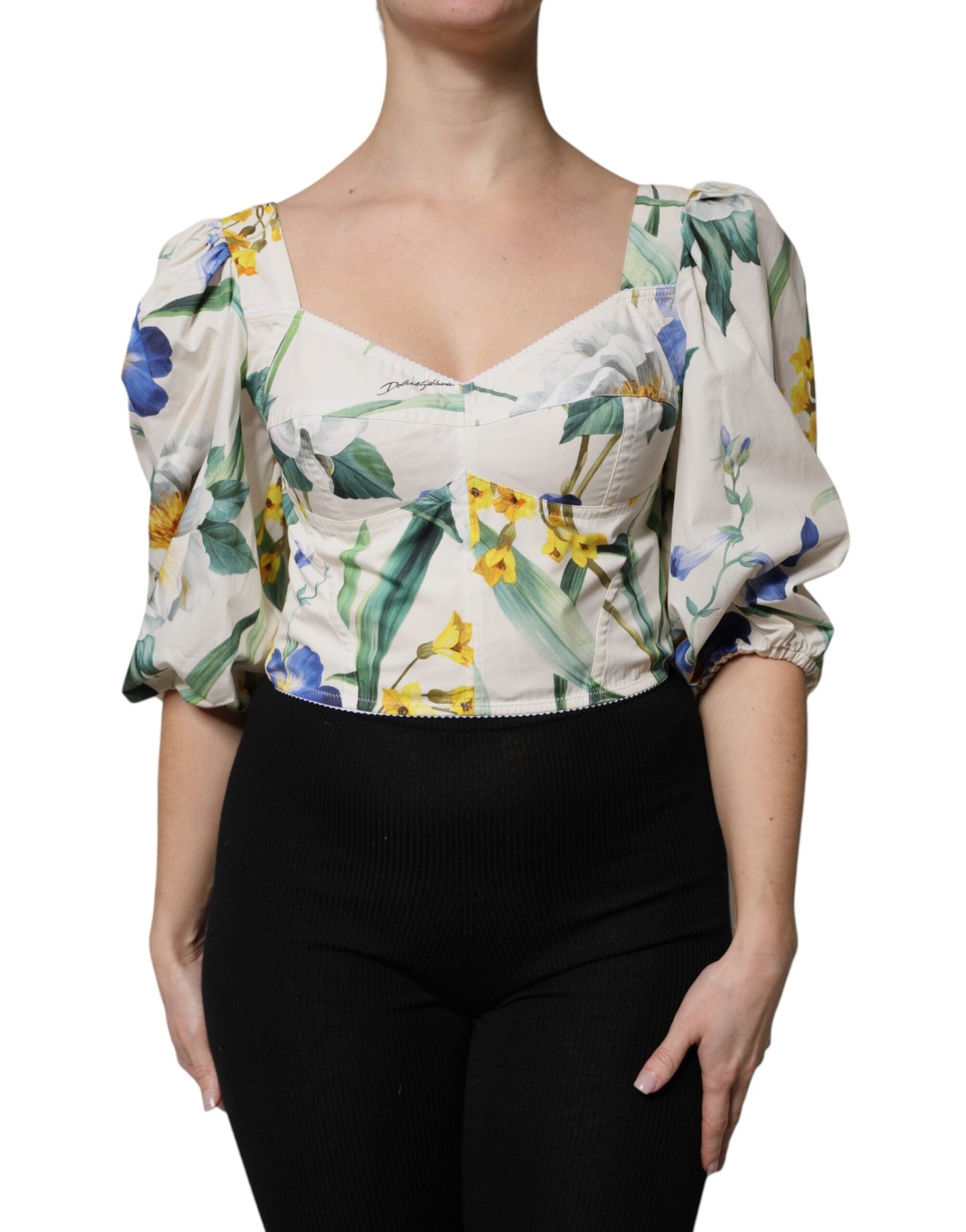 Dolce & Gabbana White Floral Puff Sleeves Crop Blouse Women's Top