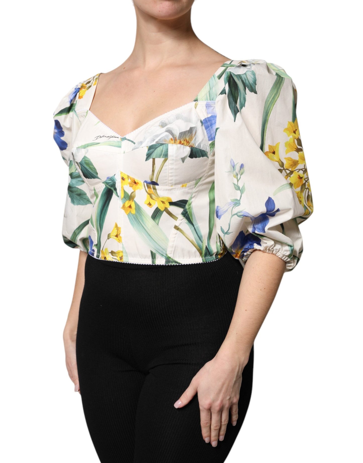 Dolce & Gabbana White Floral Puff Sleeves Crop Blouse Women's Top
