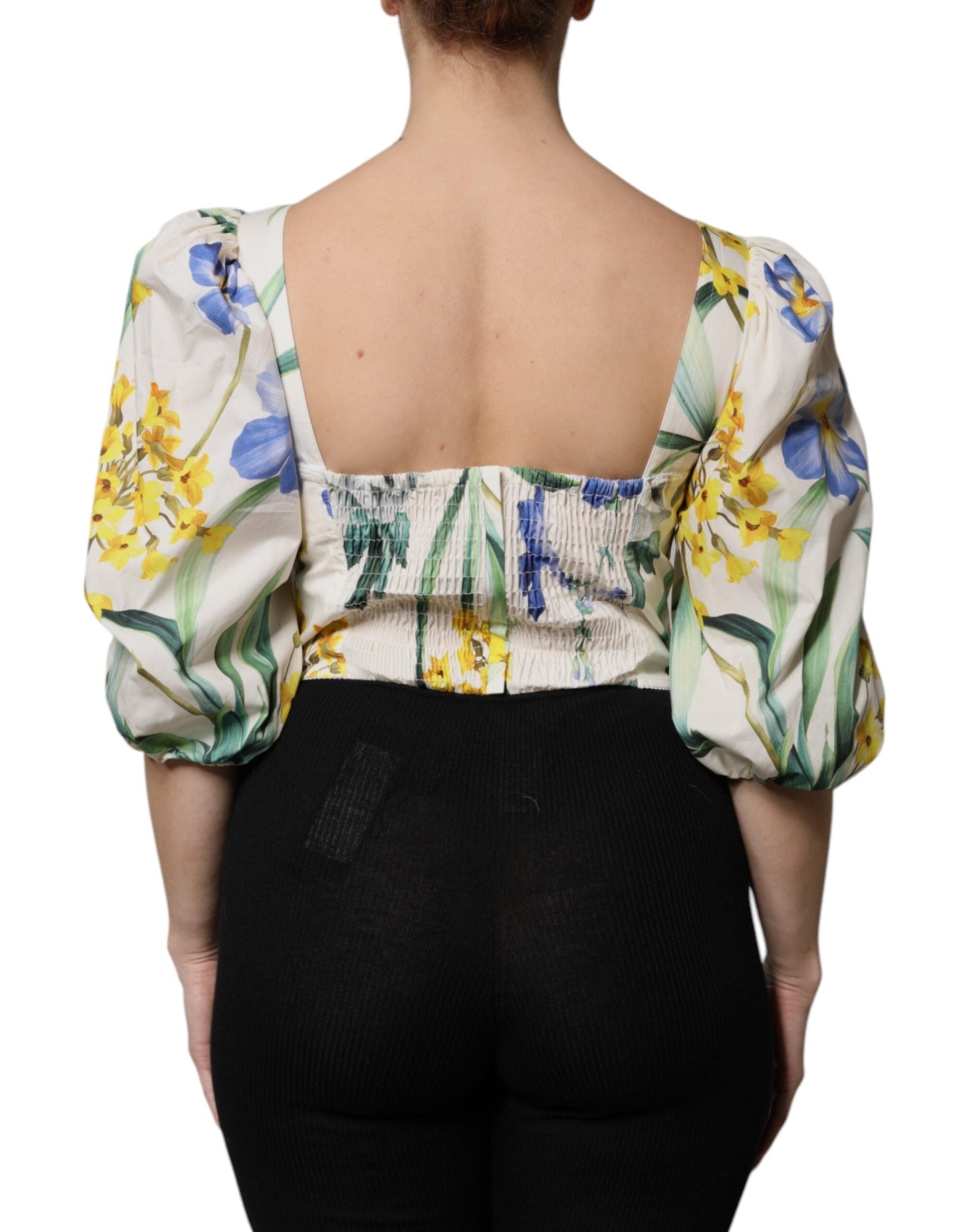 Dolce & Gabbana White Floral Puff Sleeves Crop Blouse Women's Top