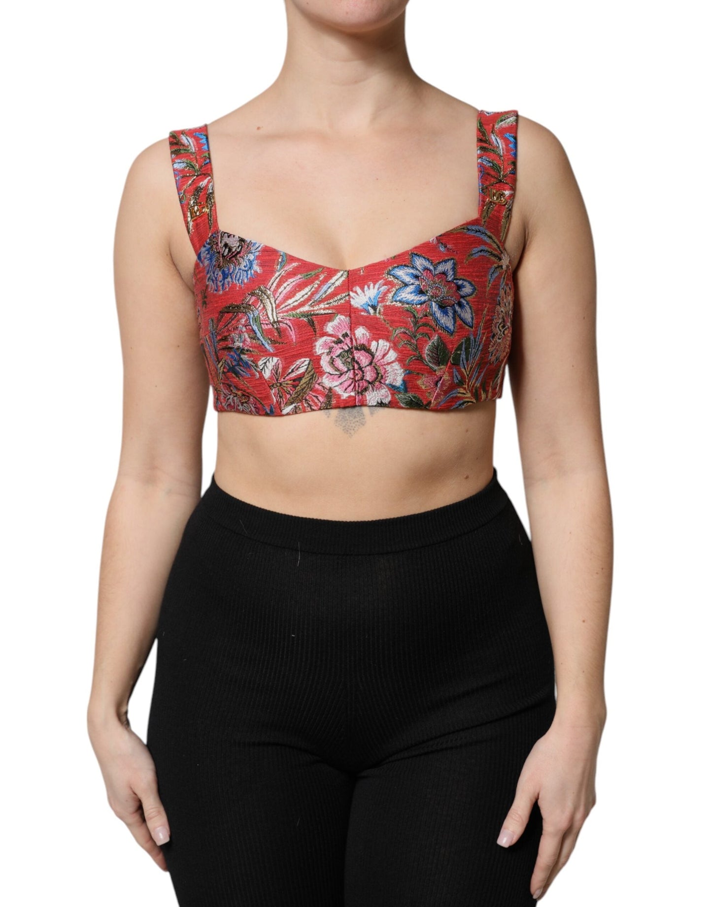 Dolce & Gabbana Red Floral Brocade Cropped Bustier Corset Women's Top