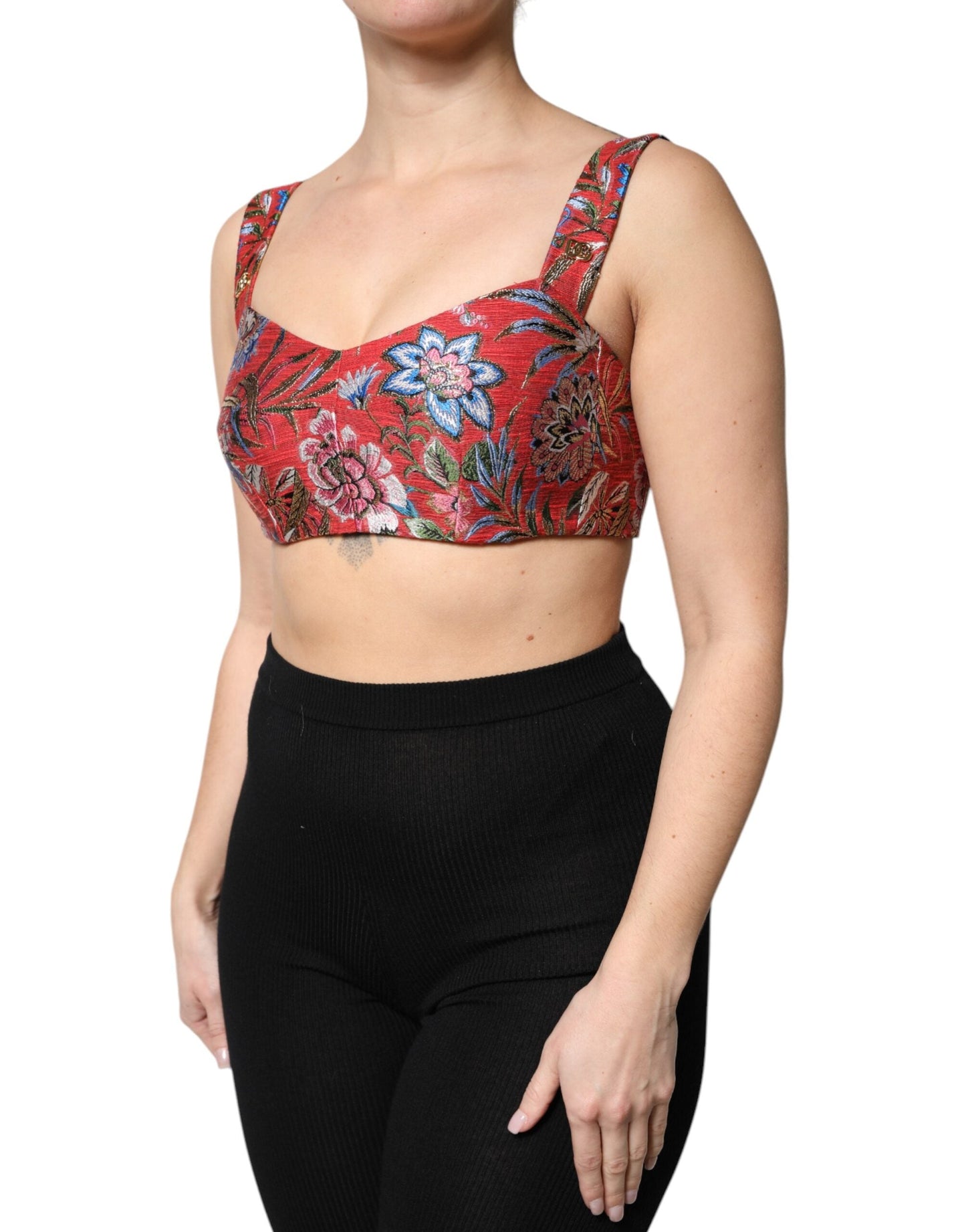 Dolce & Gabbana Red Floral Brocade Cropped Bustier Corset Women's Top
