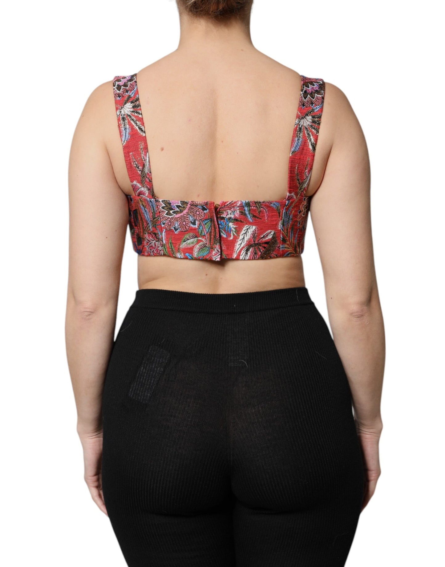 Dolce & Gabbana Red Floral Brocade Cropped Bustier Corset Women's Top