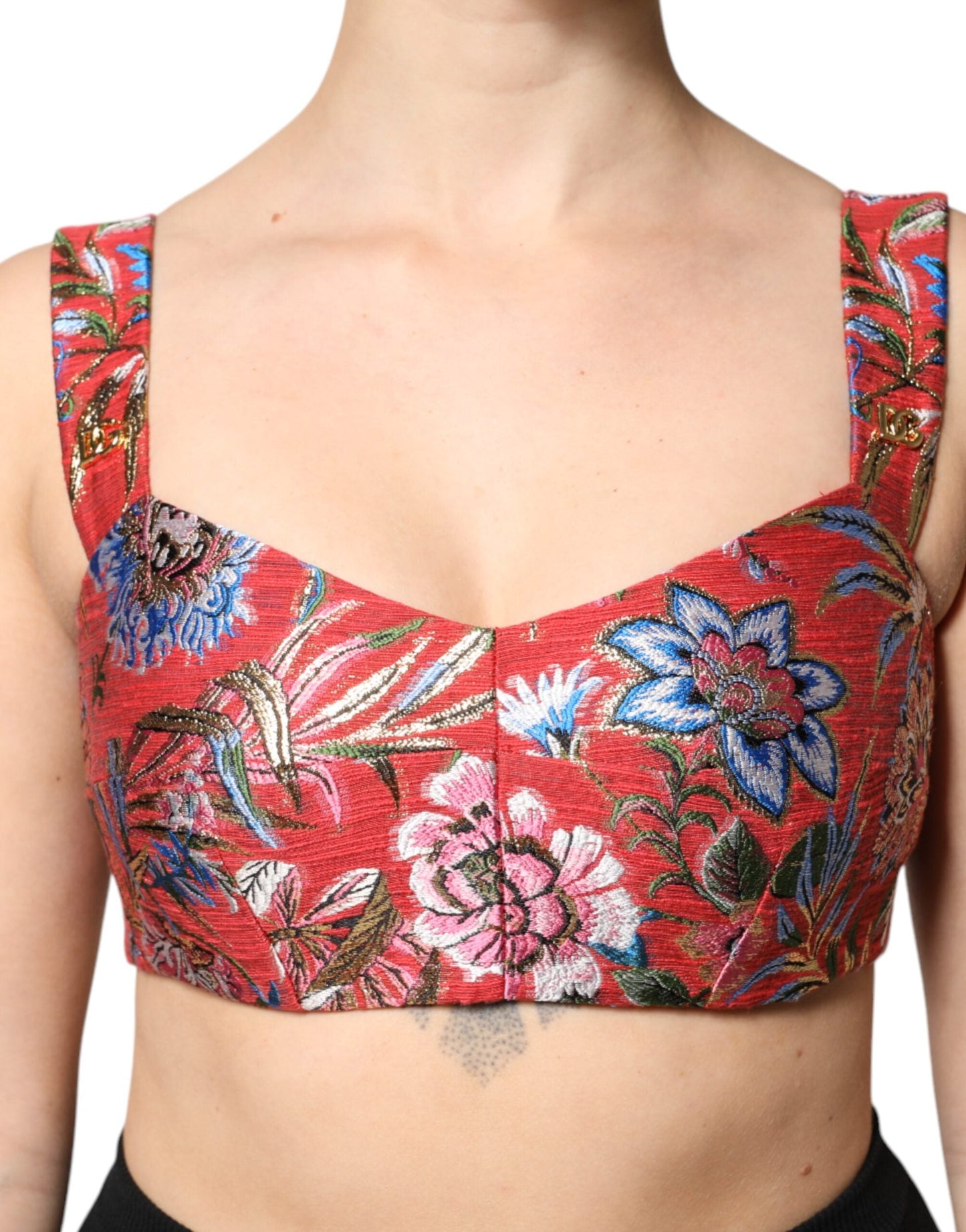 Dolce & Gabbana Red Floral Brocade Cropped Bustier Corset Women's Top