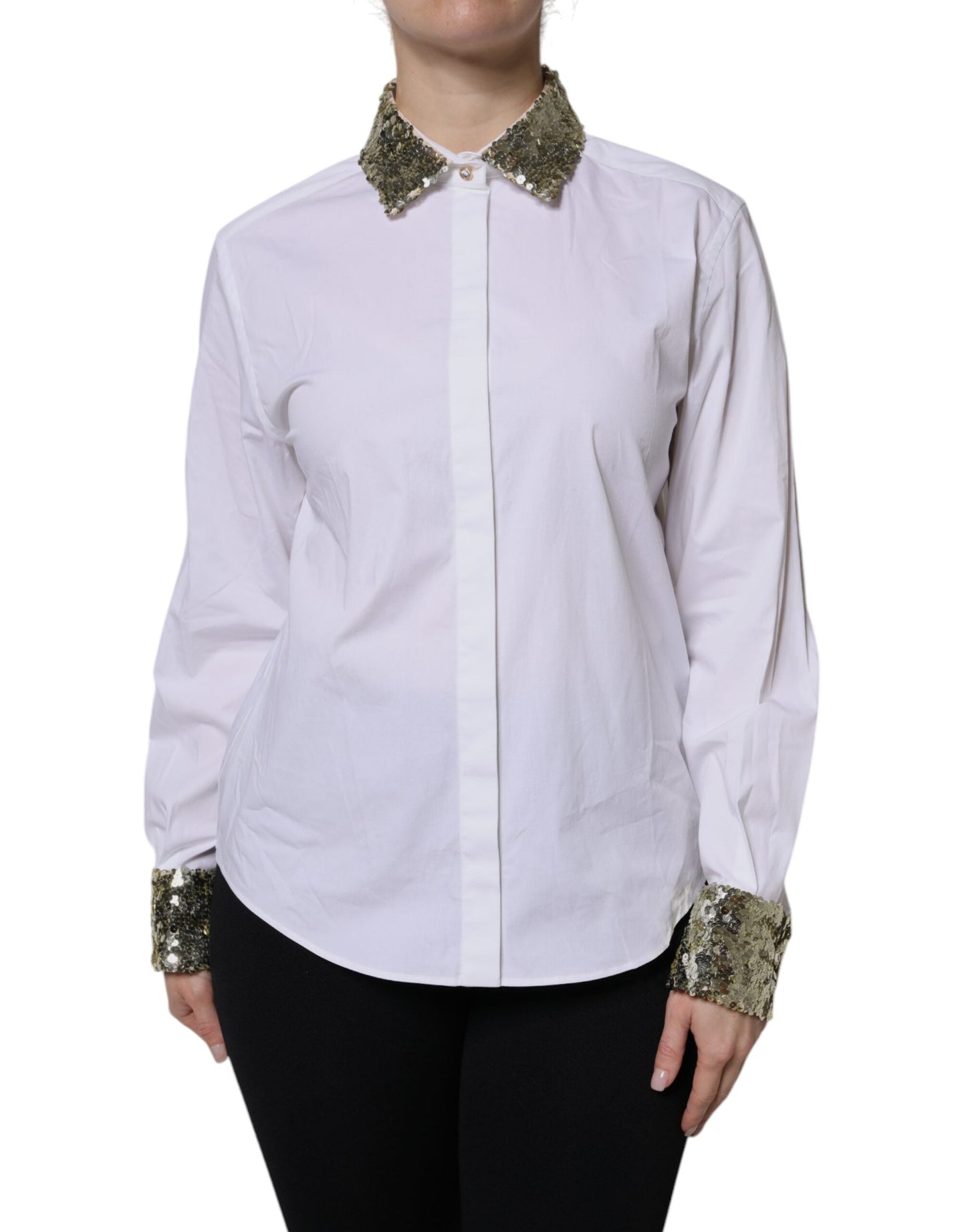 Dolce & Gabbana White Cotton Long Sleeves Sequin Shirt Women's Top ()