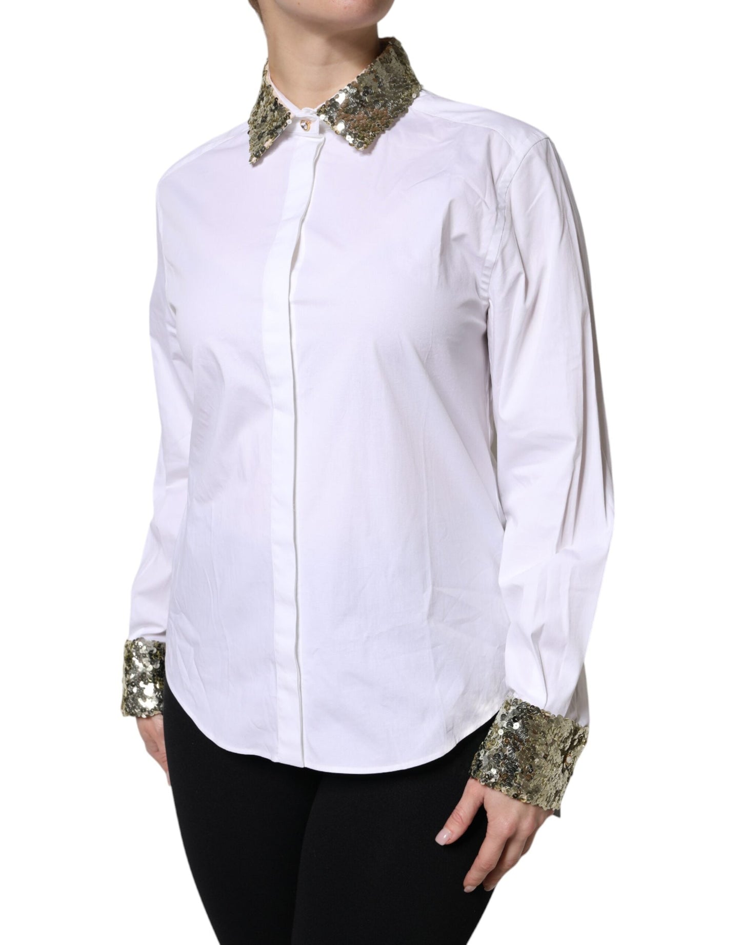 Dolce & Gabbana White Cotton Long Sleeves Sequin Shirt Women's Top ()