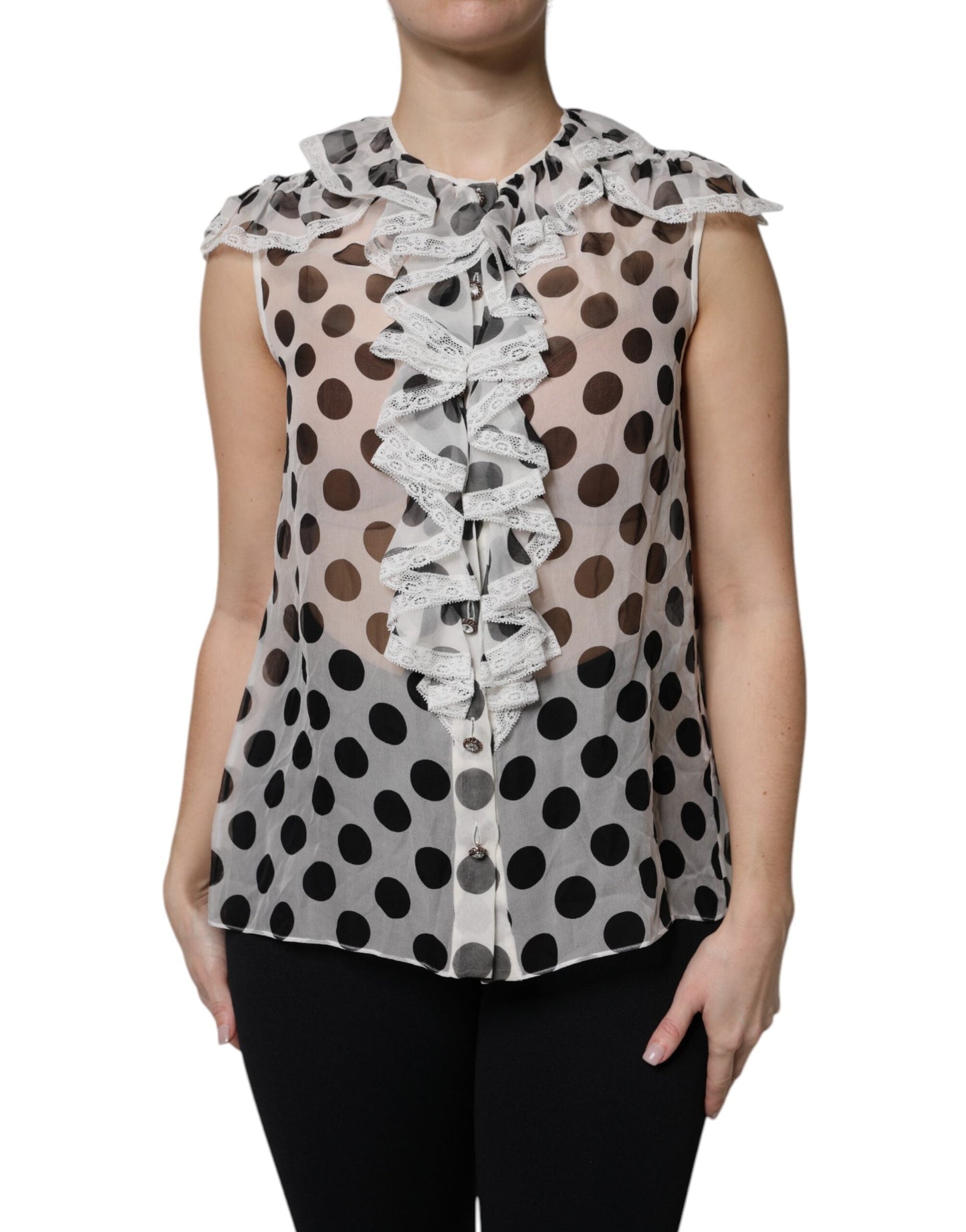 Dolce & Gabbana White Black Polka Dot Cotton Sleeveless Women's Top