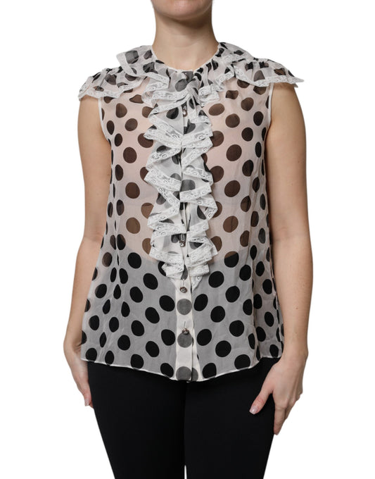 Dolce & Gabbana White Black Polka Dot Cotton Sleeveless Women's Top