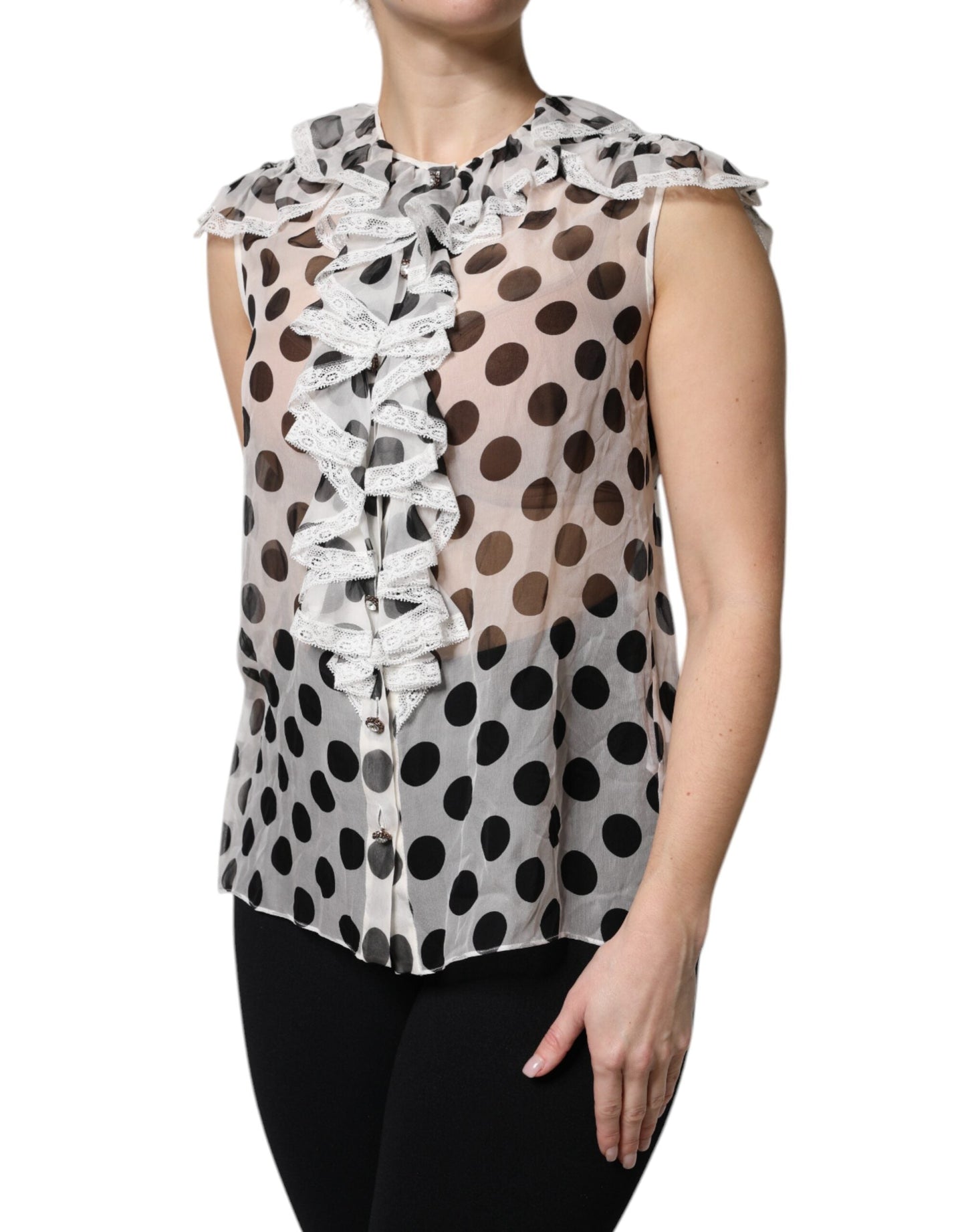 Dolce & Gabbana White Black Polka Dot Cotton Sleeveless Women's Top