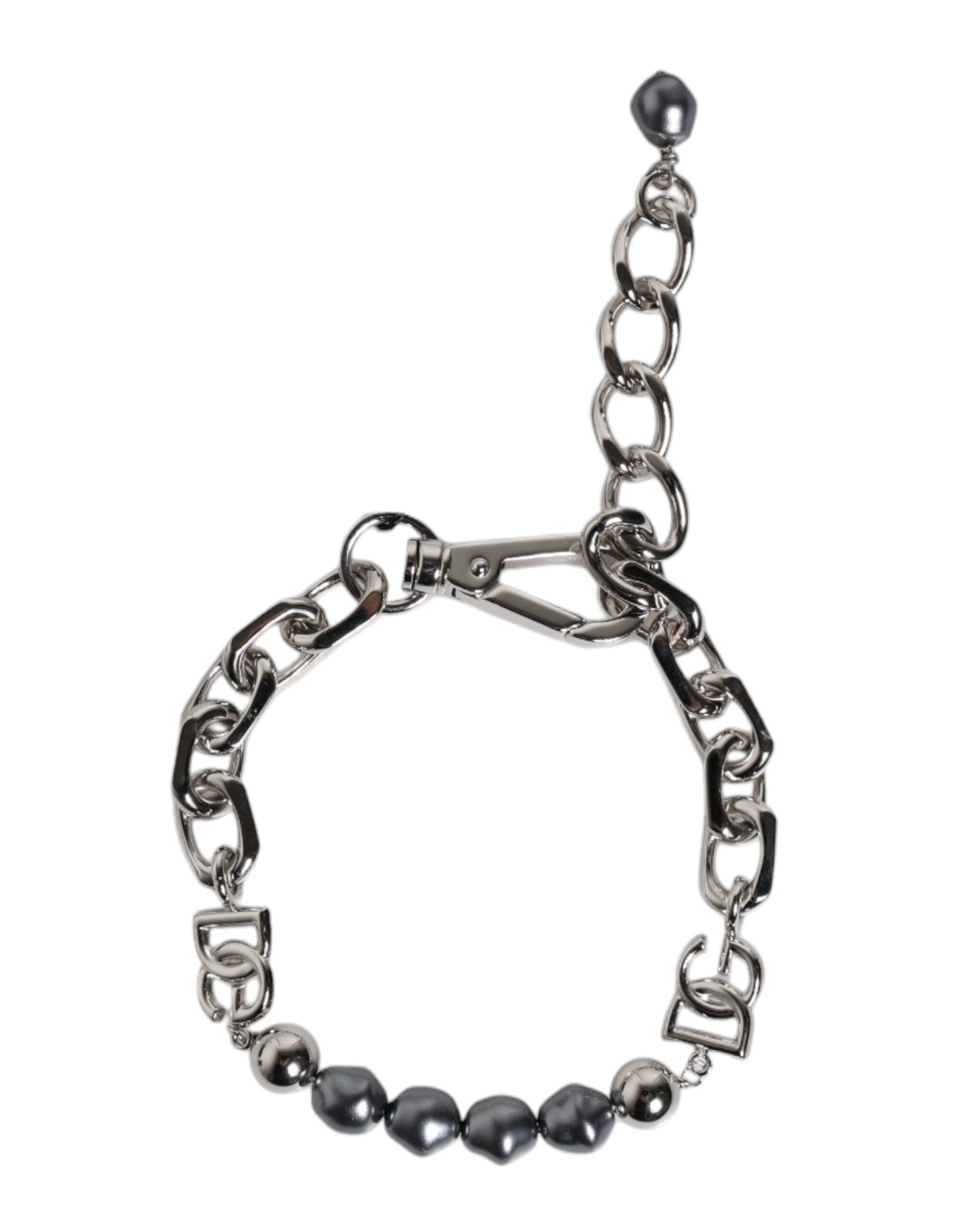 Dolce & Gabbana Silver Tone Chain Lobster Clasp Logo Gray Pearls Men's Bracelet