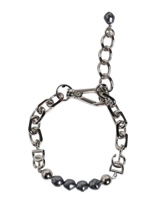 Dolce & Gabbana Silver Tone Chain Lobster Clasp Logo Gray Pearls Men's Bracelet