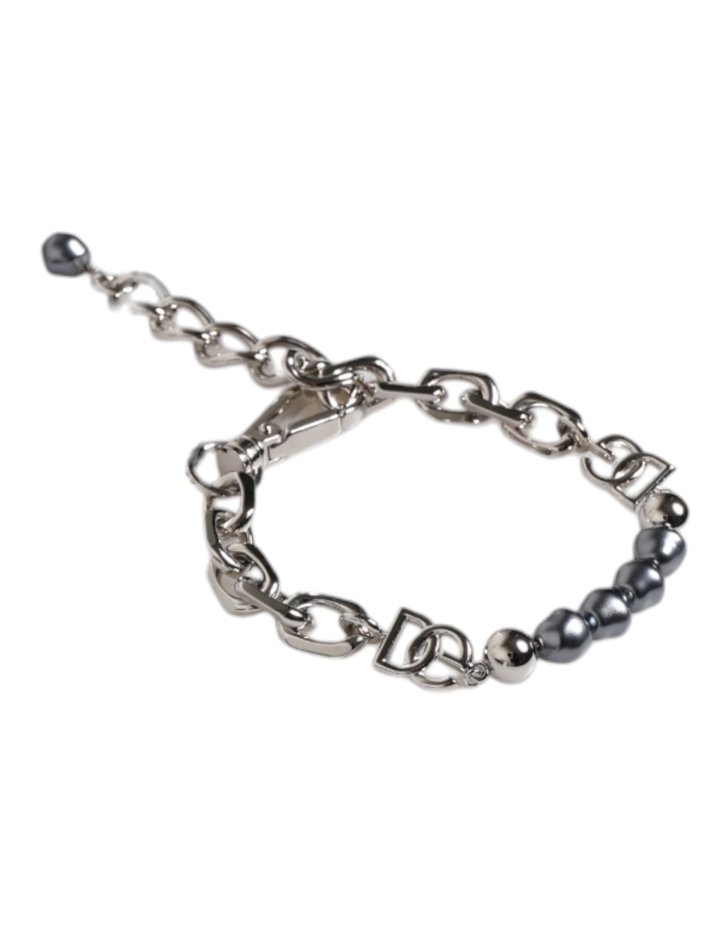 Dolce & Gabbana Silver Tone Chain Lobster Clasp Logo Gray Pearls Men's Bracelet