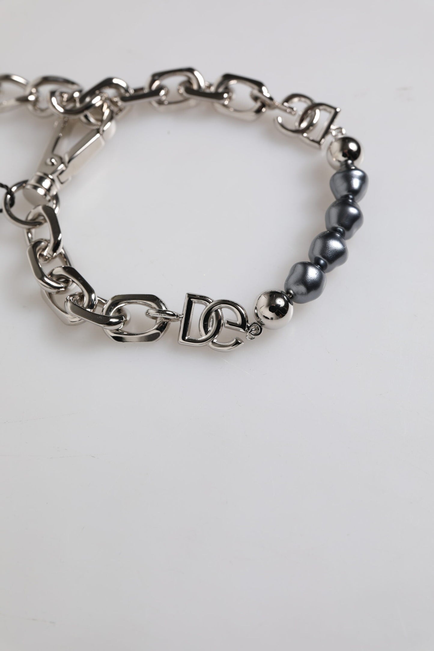 Dolce & Gabbana Silver Tone Chain Lobster Clasp Logo Gray Pearls Men's Bracelet