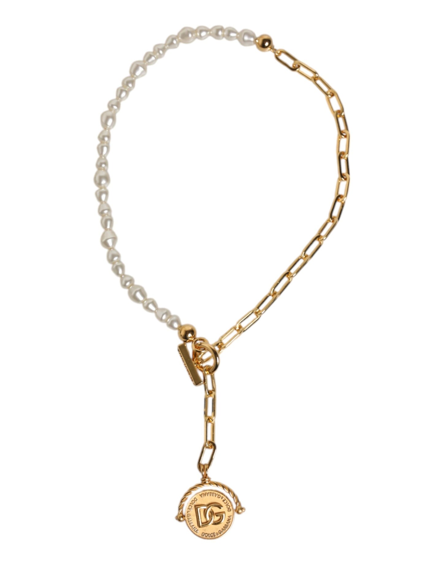 Dolce & Gabbana Gold Chain Brass Faux Pearl Charm Logo Pendant Women's Necklace ()